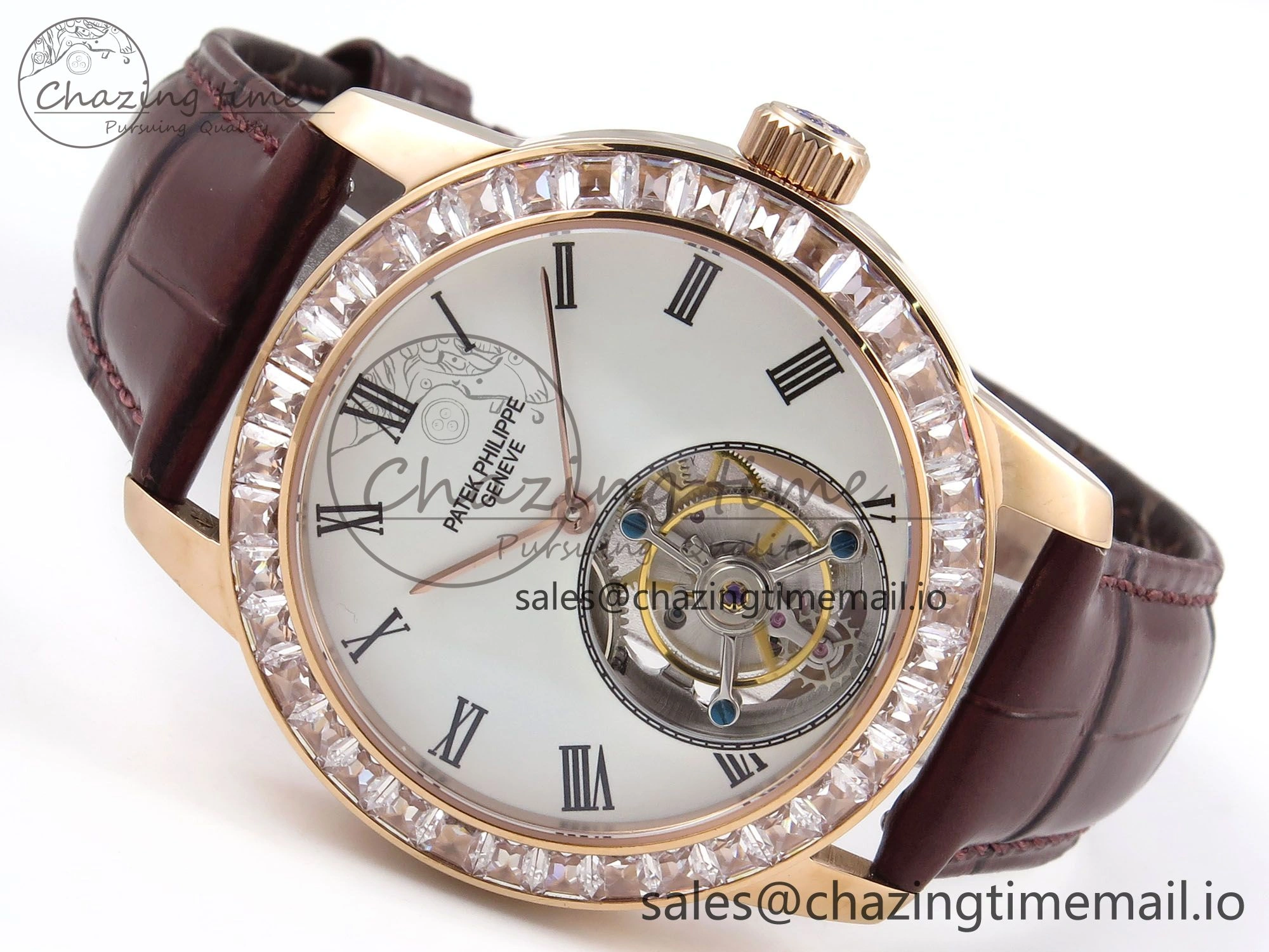 PP Tourbillon RG Diamonds Bezel RMSF Edition White Dial on Brown Leather Strap
