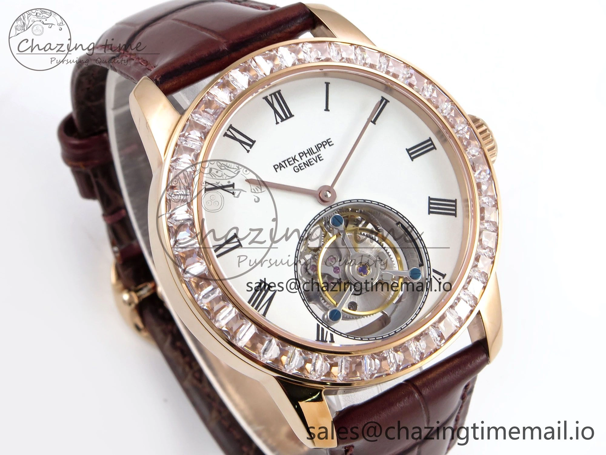 PP Tourbillon RG Diamonds Bezel RMSF Edition White Dial on Brown Leather Strap
