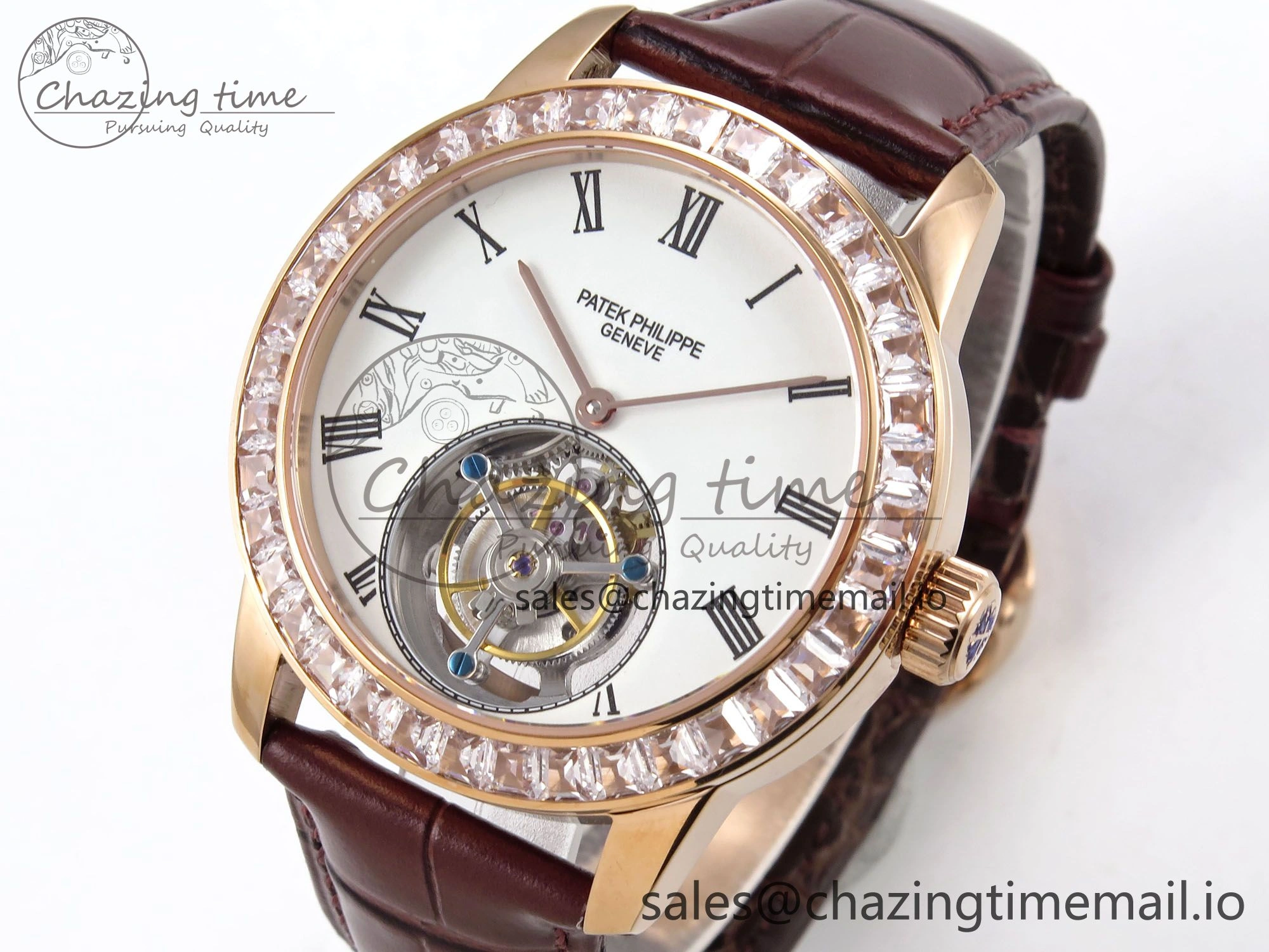 PP Tourbillon RG Diamonds Bezel RMSF Edition White Dial on Brown Leather Strap