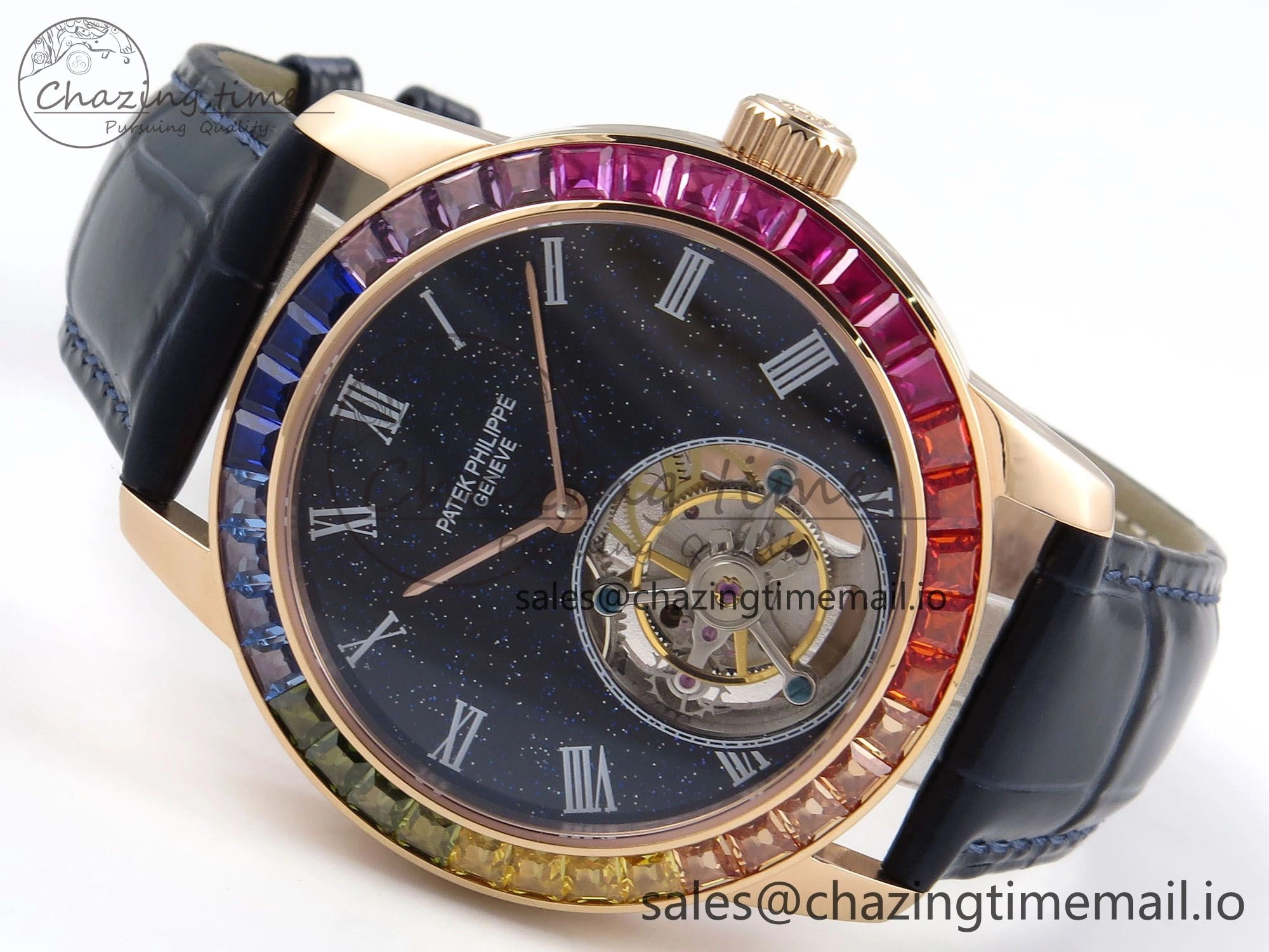 PP Tourbillon RG Rainbow Bezel RMSF Edition Black Starry Dial on Blue Leather Strap