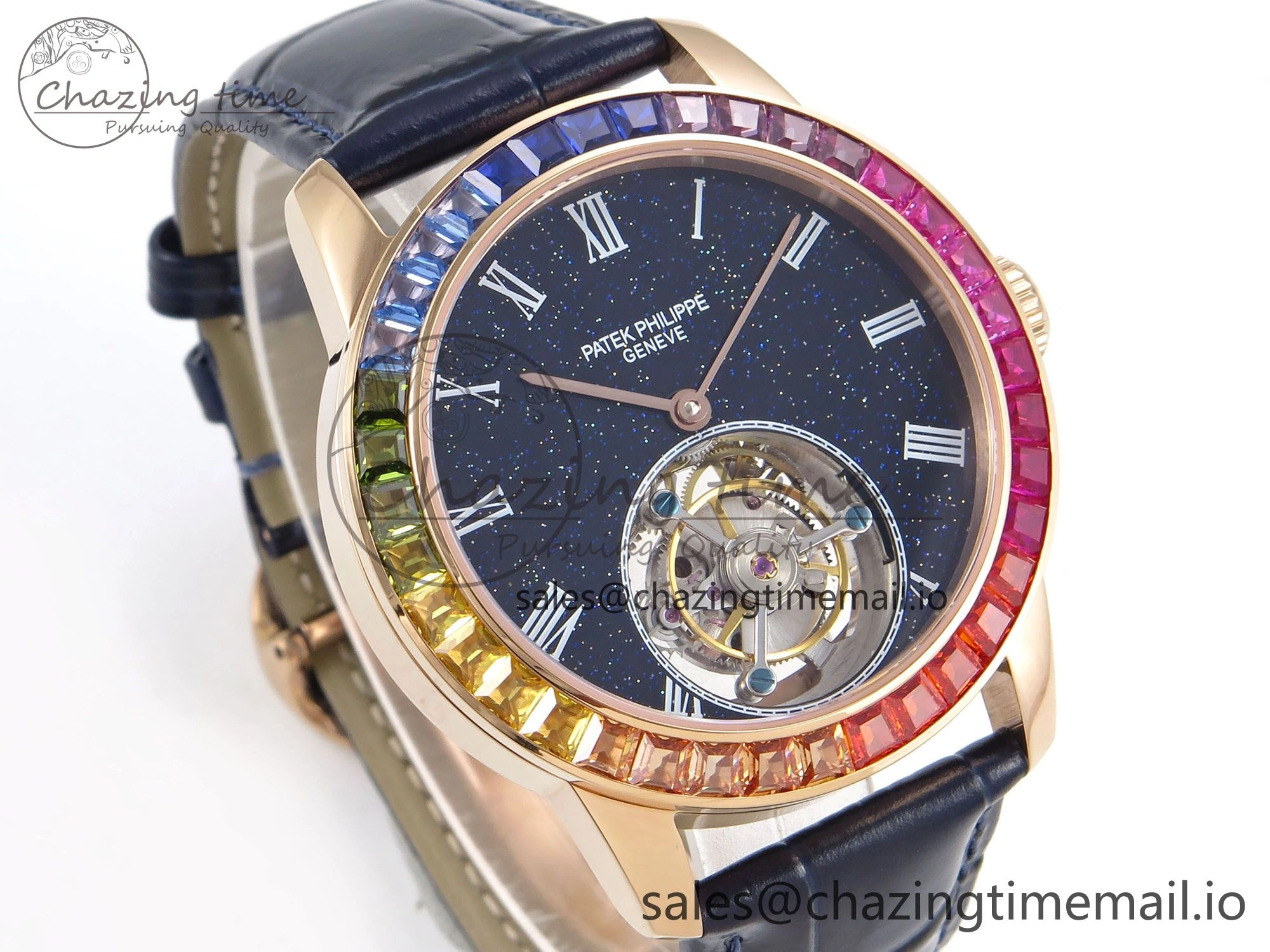 PP Tourbillon RG Rainbow Bezel RMSF Edition Black Starry Dial on Blue Leather Strap