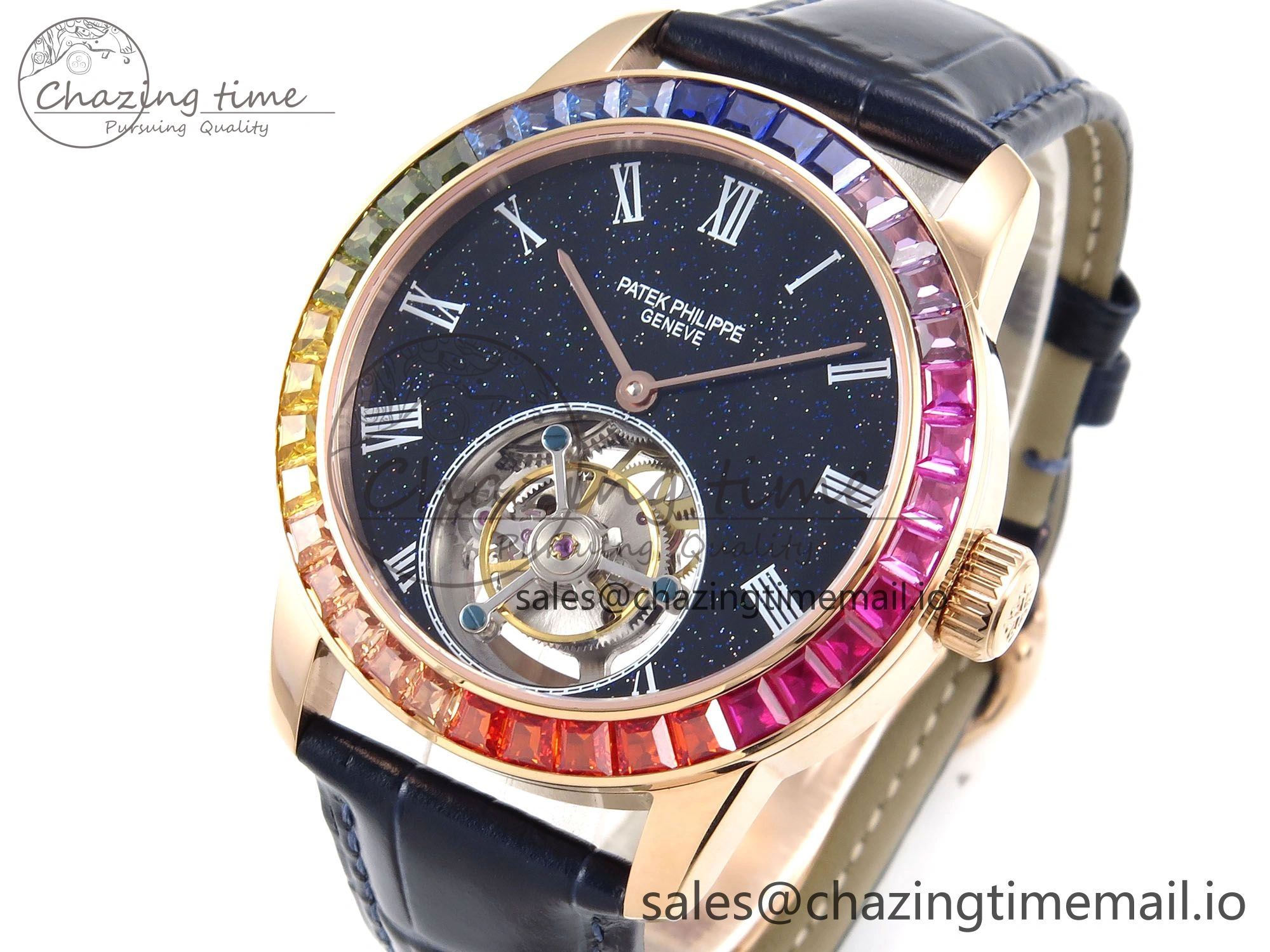PP Tourbillon RG Rainbow Bezel RMSF Edition Black Starry Dial on Blue Leather Strap