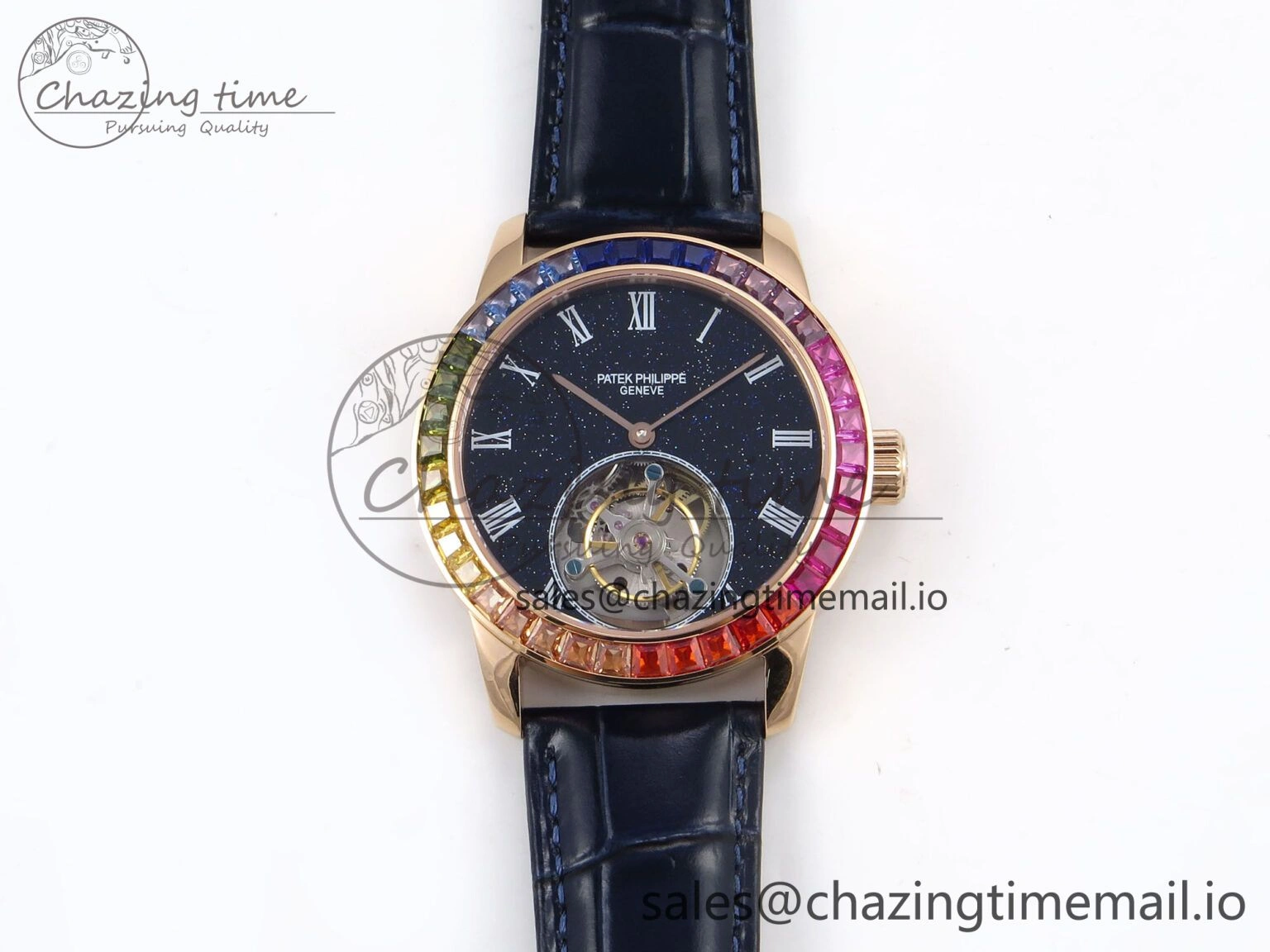 PP Tourbillon RG Rainbow Bezel RMSF Edition Black Starry Dial on Blue Leather Strap