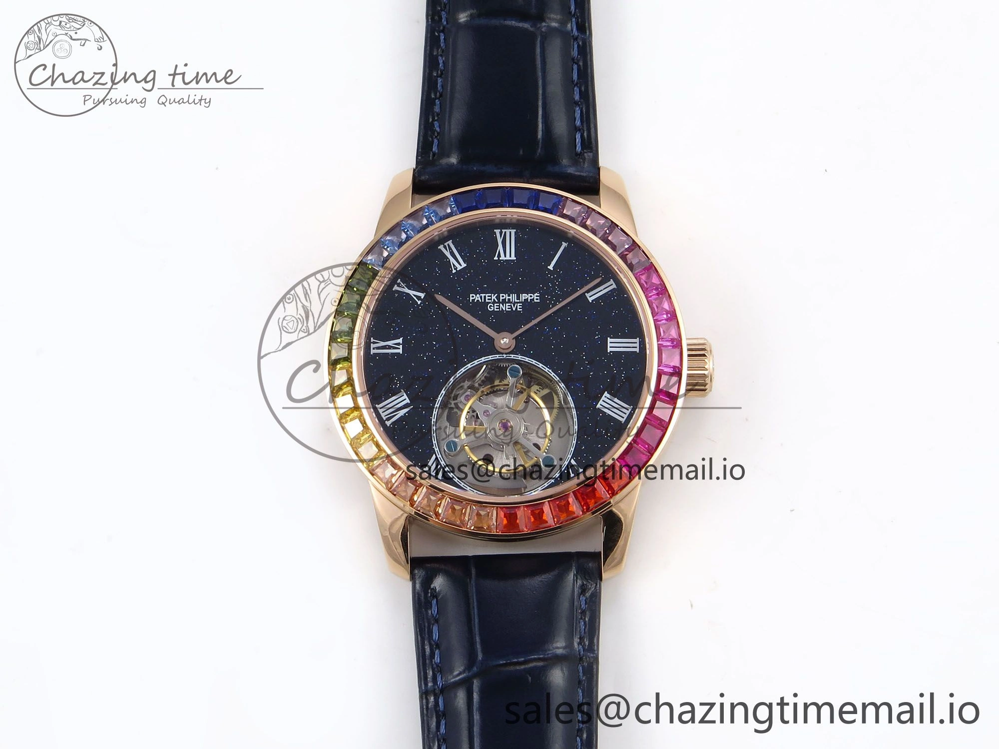 PP Tourbillon RG Rainbow Bezel RMSF Edition Black Starry Dial on Blue Leather Strap
