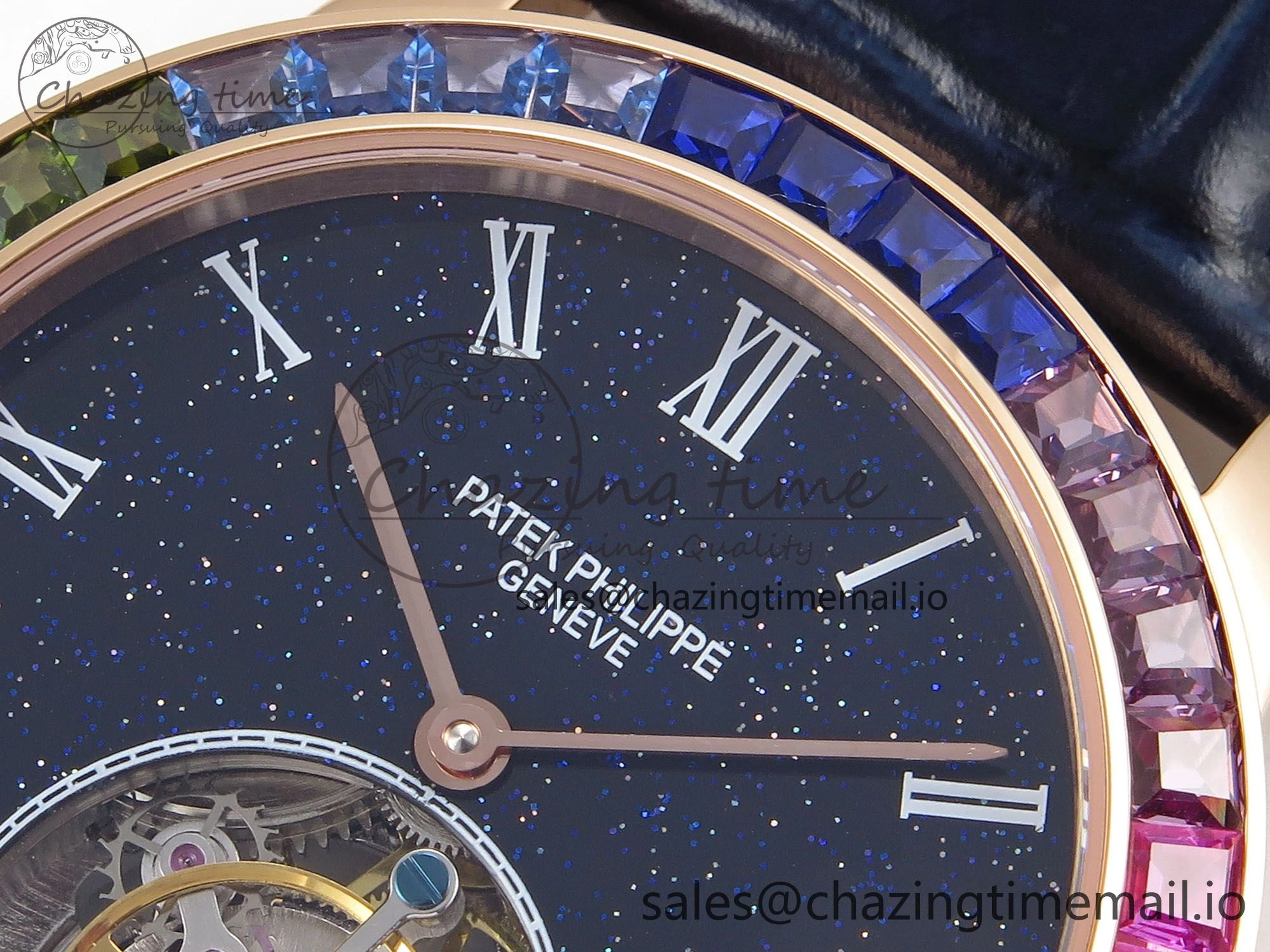 PP Tourbillon RG Rainbow Bezel RMSF Edition Black Starry Dial on Blue Leather Strap