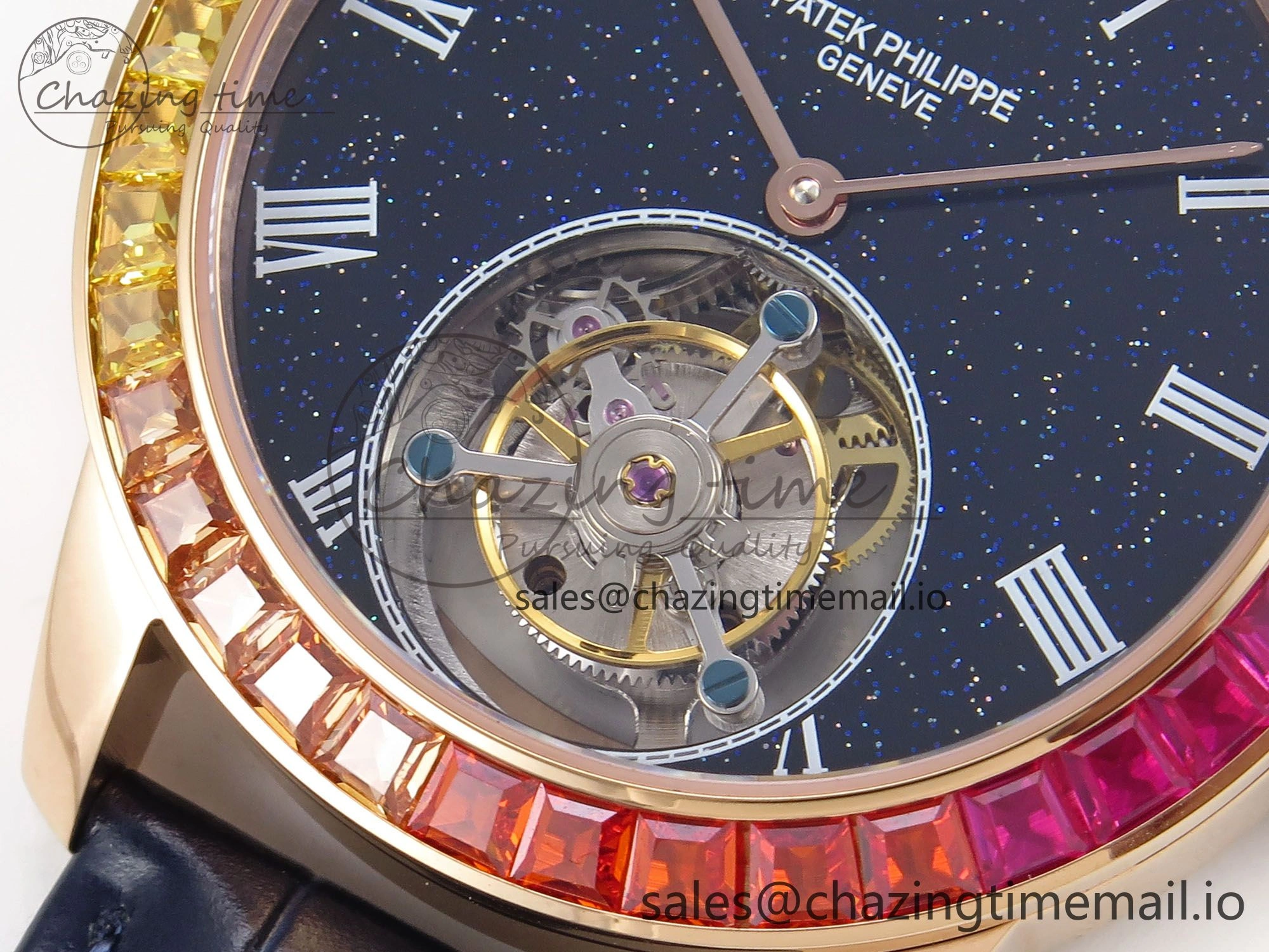 PP Tourbillon RG Rainbow Bezel RMSF Edition Black Starry Dial on Blue Leather Strap