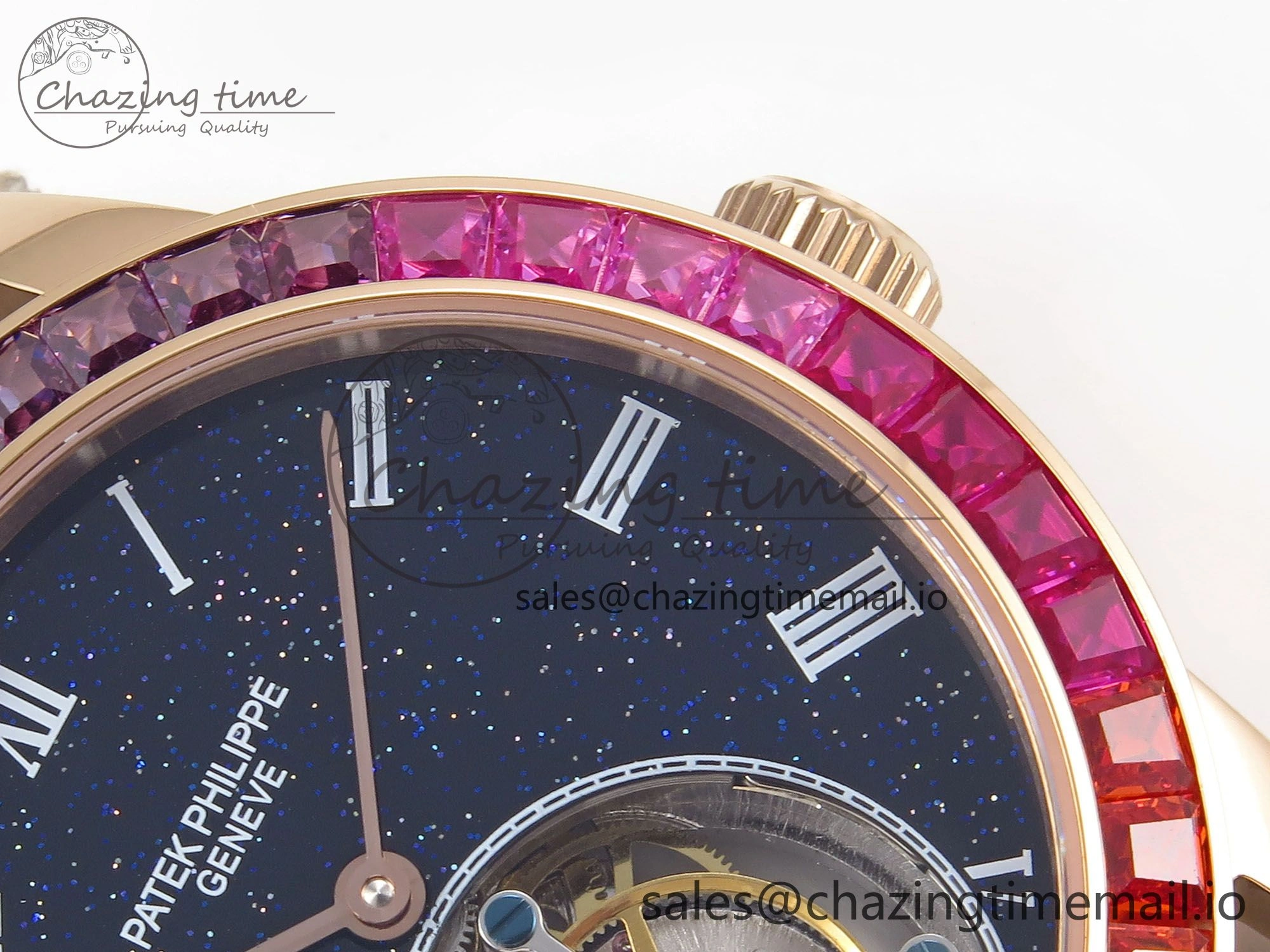 PP Tourbillon RG Rainbow Bezel RMSF Edition Black Starry Dial on Blue Leather Strap