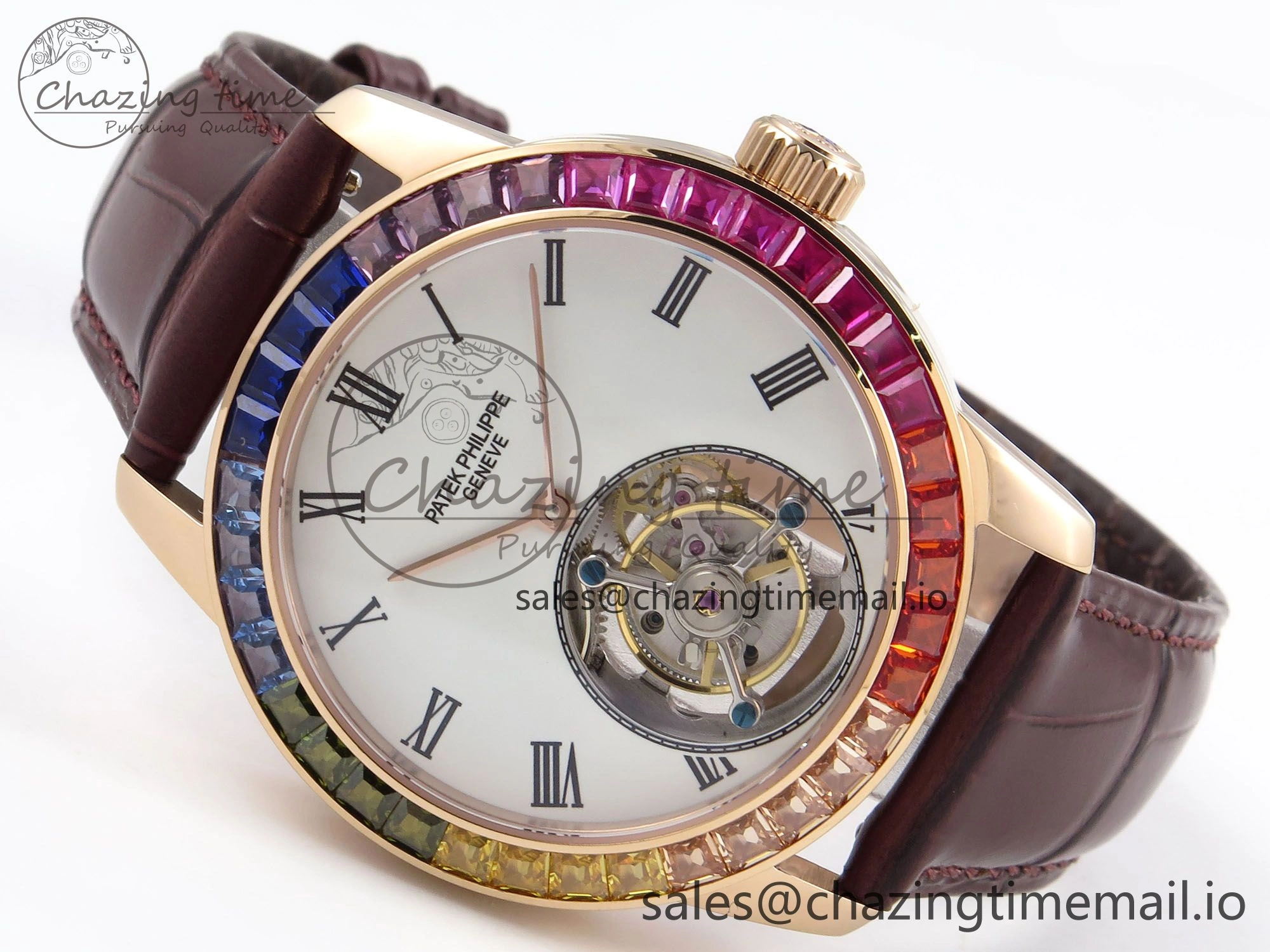 PP Tourbillon RG Rainbow Bezel RMSF Edition White Dial on Brown Leather Strap