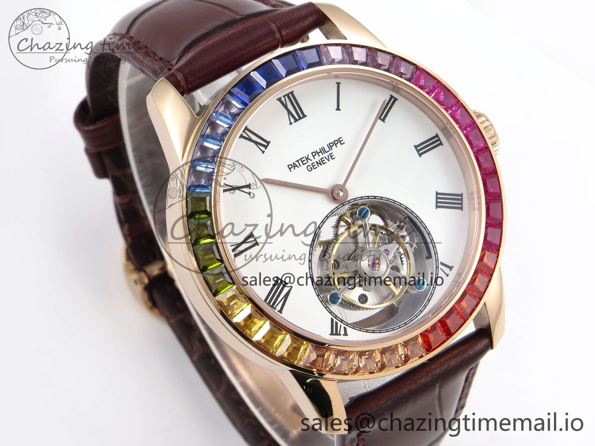 PP Tourbillon RG Rainbow Bezel RMSF Edition White Dial on Brown Leather Strap