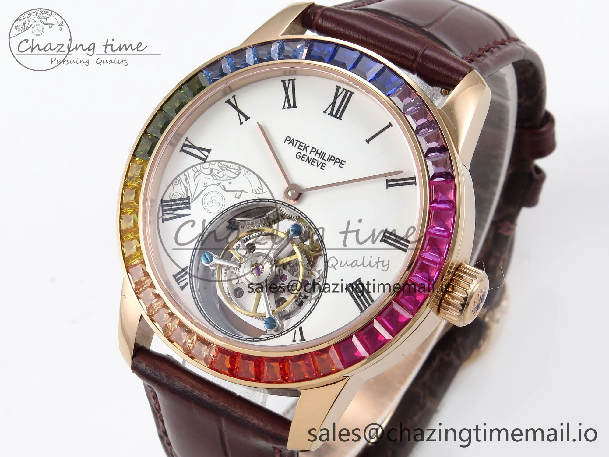 PP Tourbillon RG Rainbow Bezel RMSF Edition White Dial on Brown Leather Strap