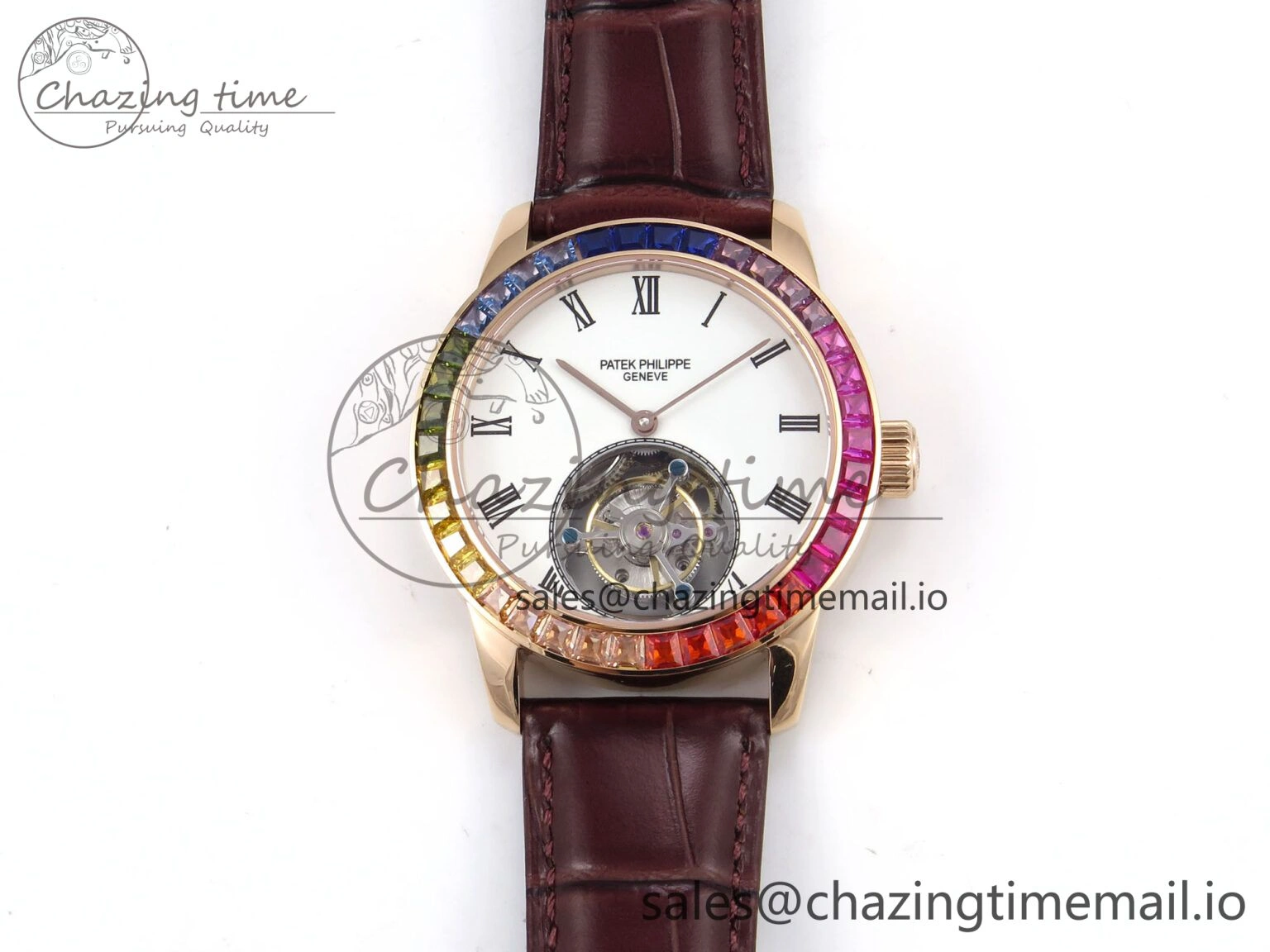 PP Tourbillon RG Rainbow Bezel RMSF Edition White Dial on Brown Leather Strap