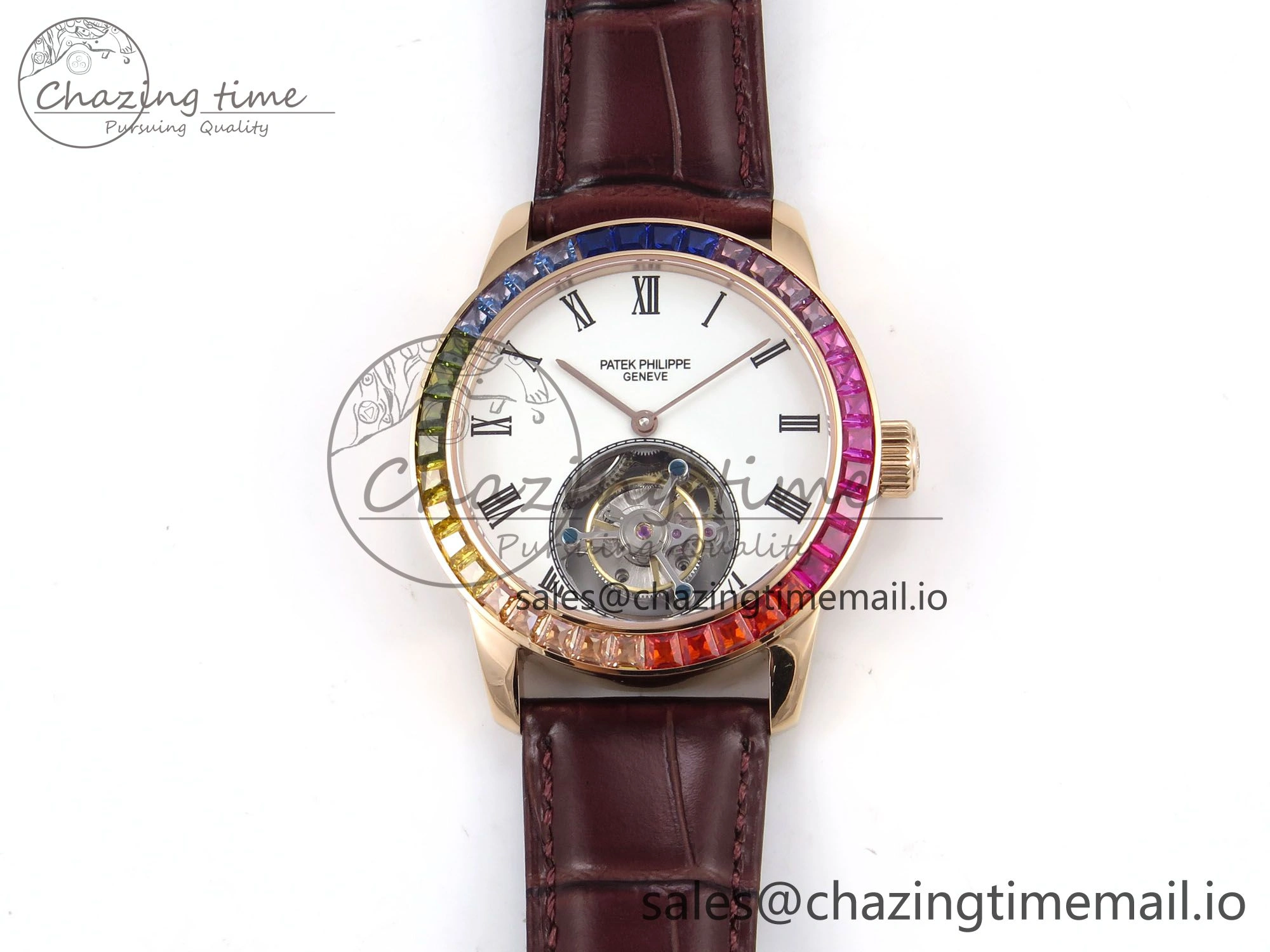 PP Tourbillon RG Rainbow Bezel RMSF Edition White Dial on Brown Leather Strap