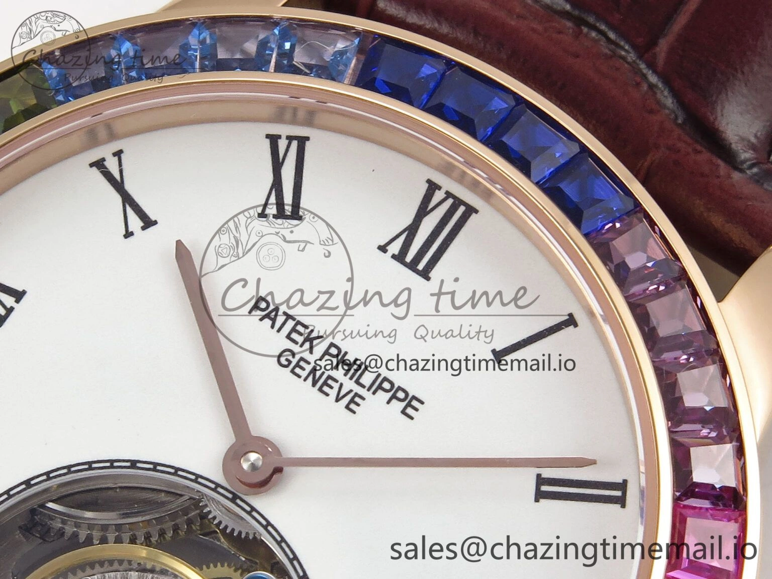 PP Tourbillon RG Rainbow Bezel RMSF Edition White Dial on Brown Leather Strap