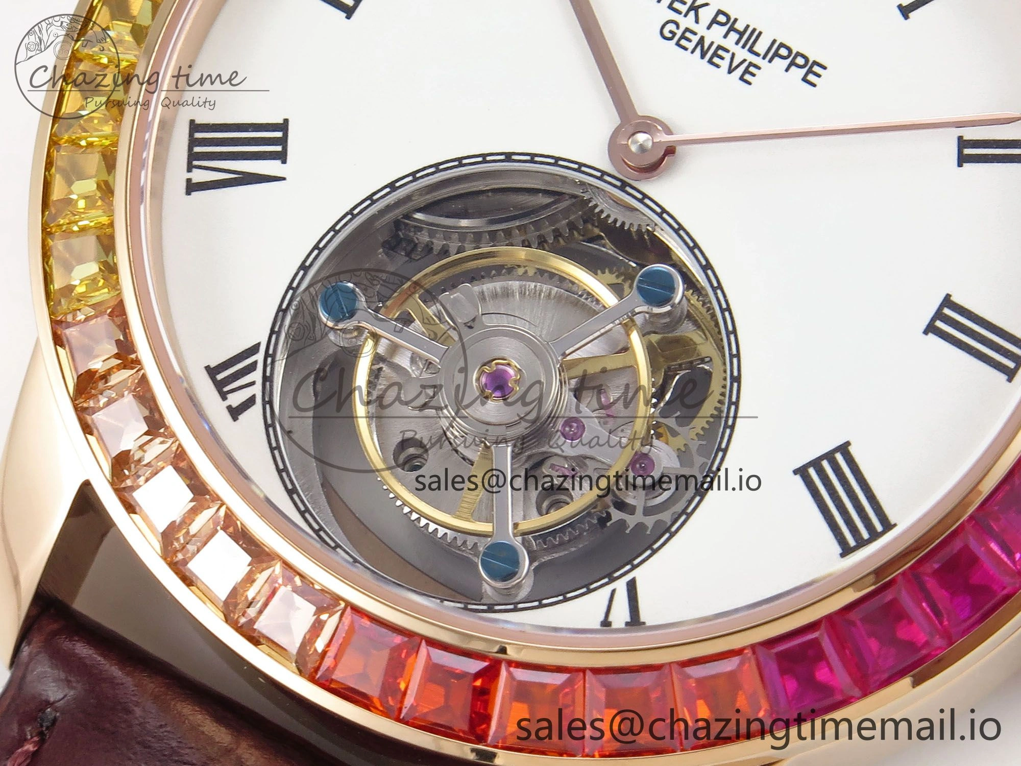 PP Tourbillon RG Rainbow Bezel RMSF Edition White Dial on Brown Leather Strap