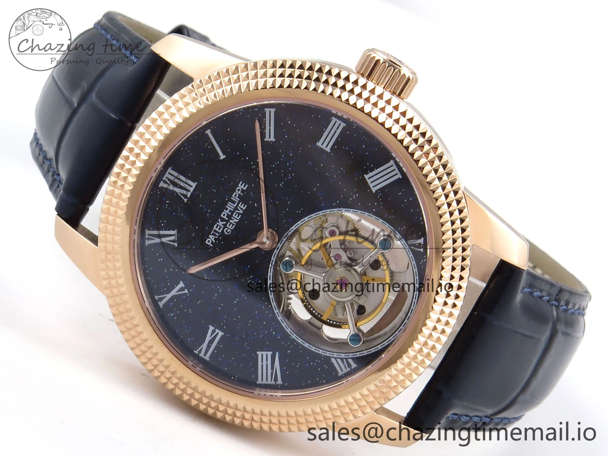 PP Tourbillon RG Texuted Bezel RMSF Edition Black Starry Dial on Blue Leather Strap