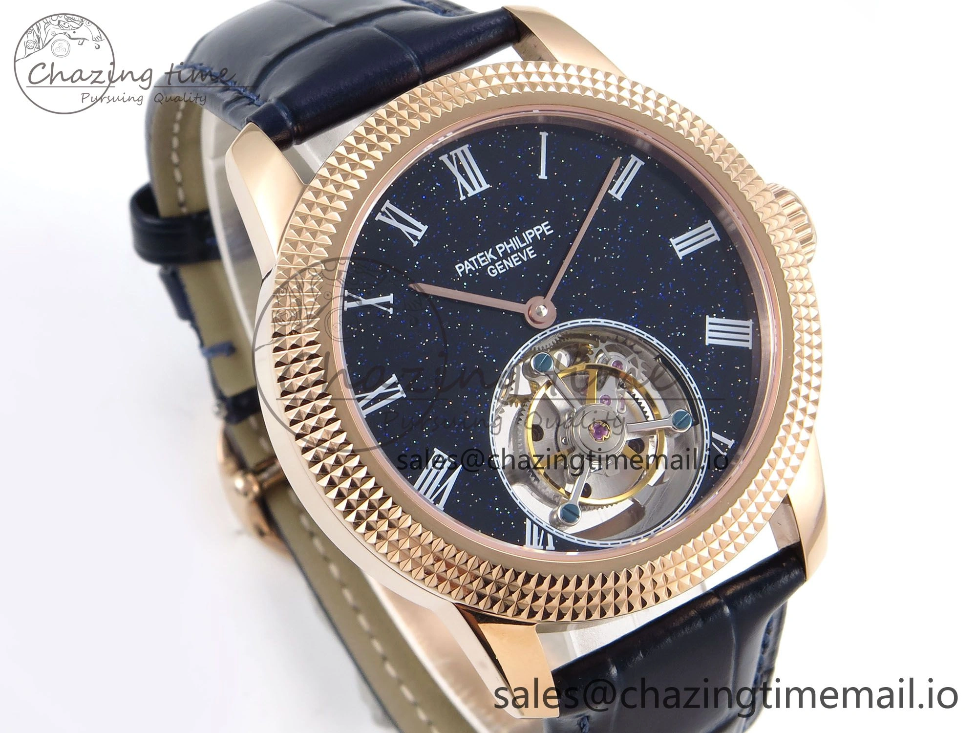 PP Tourbillon RG Texuted Bezel RMSF Edition Black Starry Dial on Blue Leather Strap