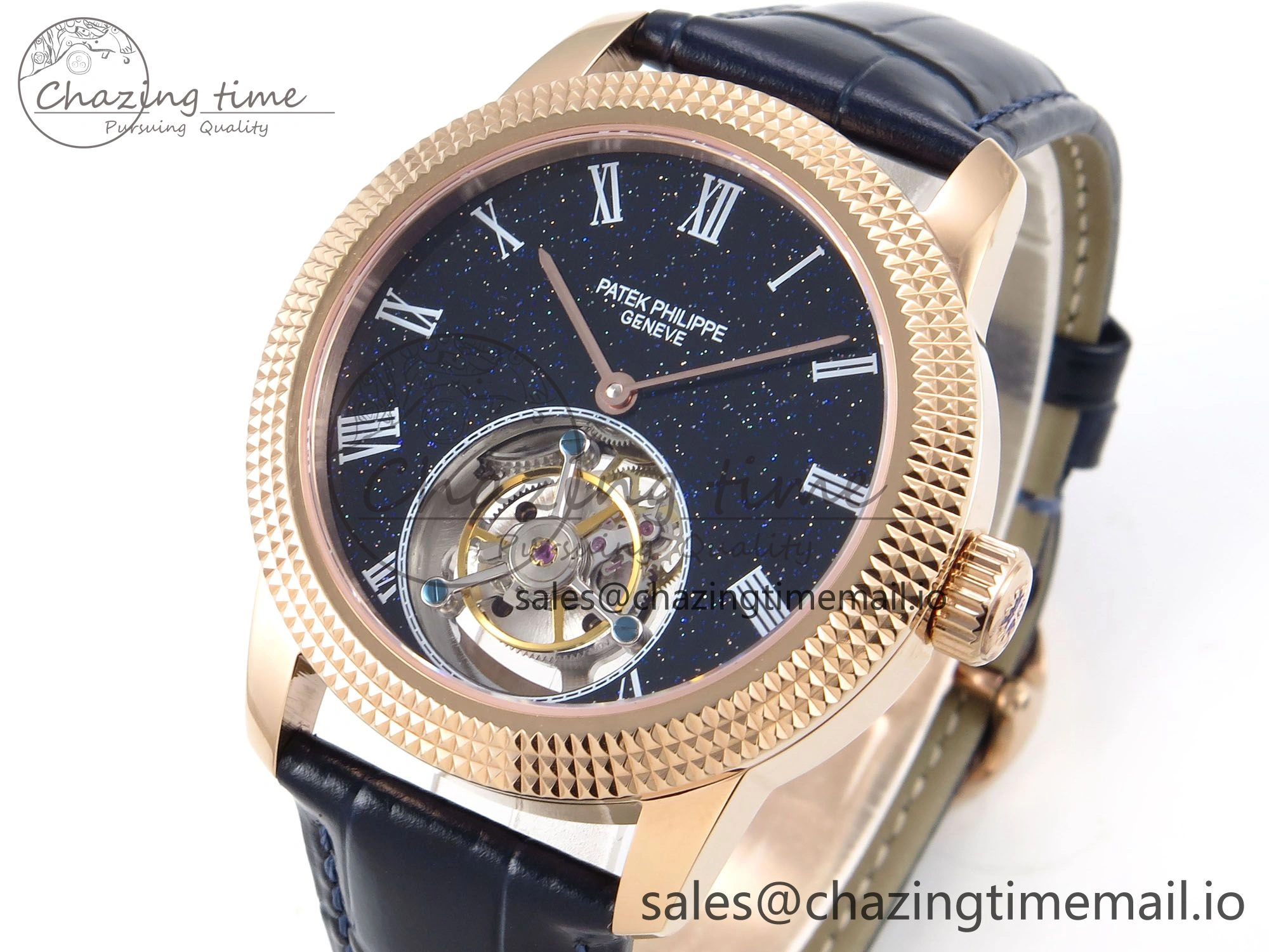 PP Tourbillon RG Texuted Bezel RMSF Edition Black Starry Dial on Blue Leather Strap