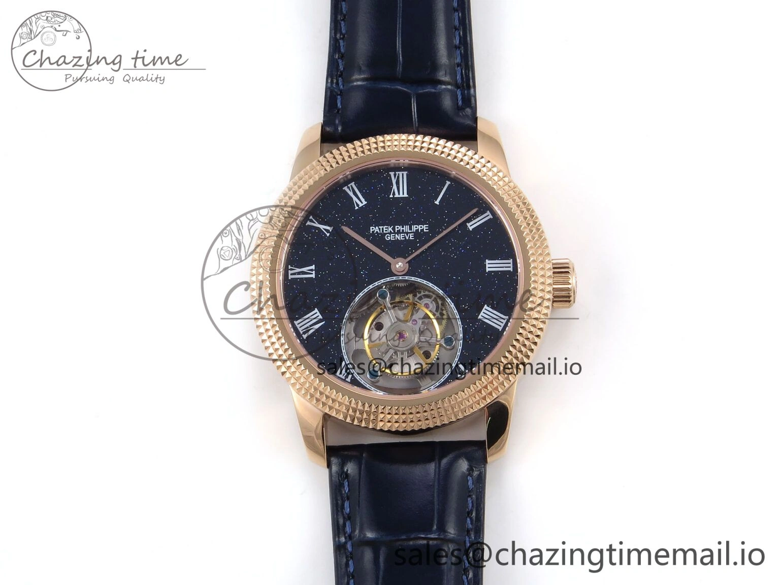 PP Tourbillon RG Texuted Bezel RMSF Edition Black Starry Dial on Blue Leather Strap