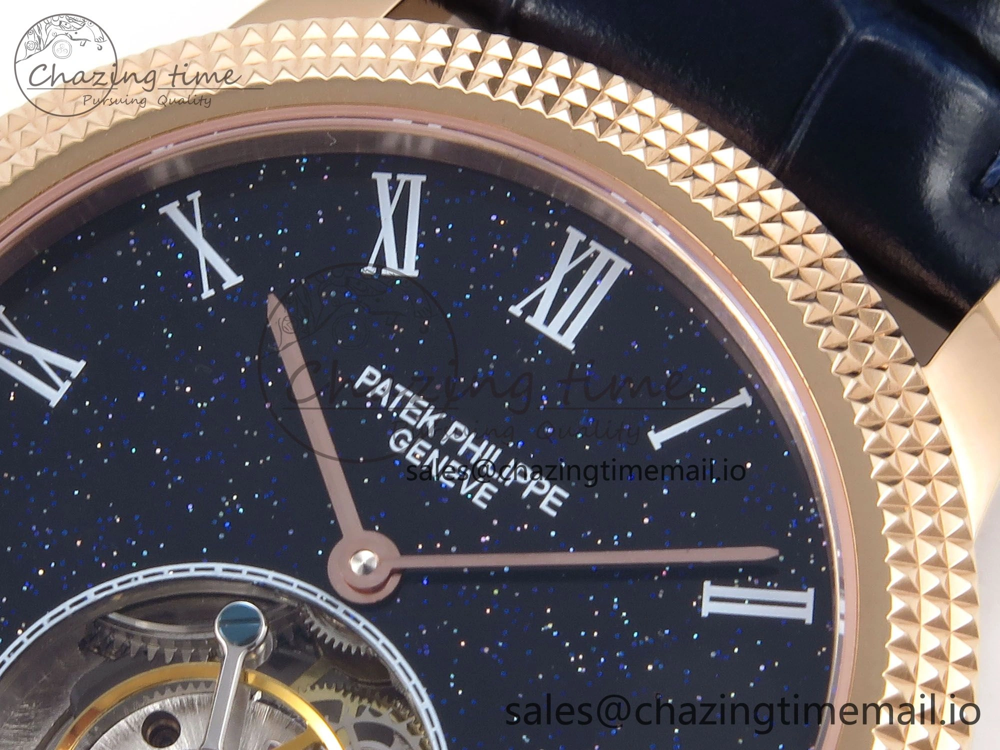 PP Tourbillon RG Texuted Bezel RMSF Edition Black Starry Dial on Blue Leather Strap