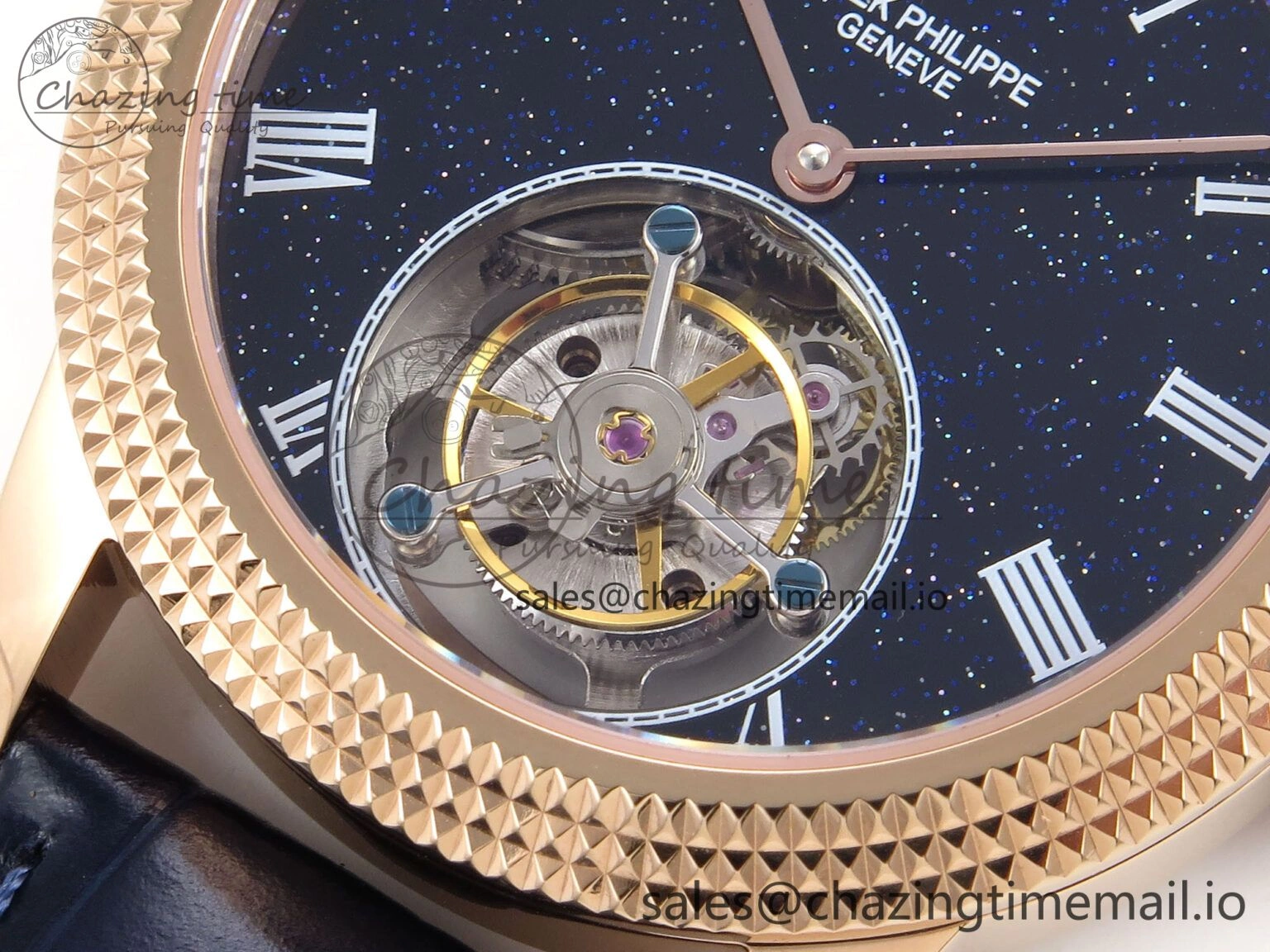 PP Tourbillon RG Texuted Bezel RMSF Edition Black Starry Dial on Blue Leather Strap