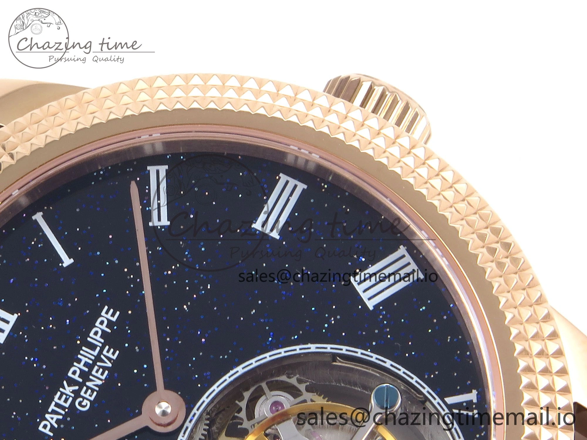 PP Tourbillon RG Texuted Bezel RMSF Edition Black Starry Dial on Blue Leather Strap