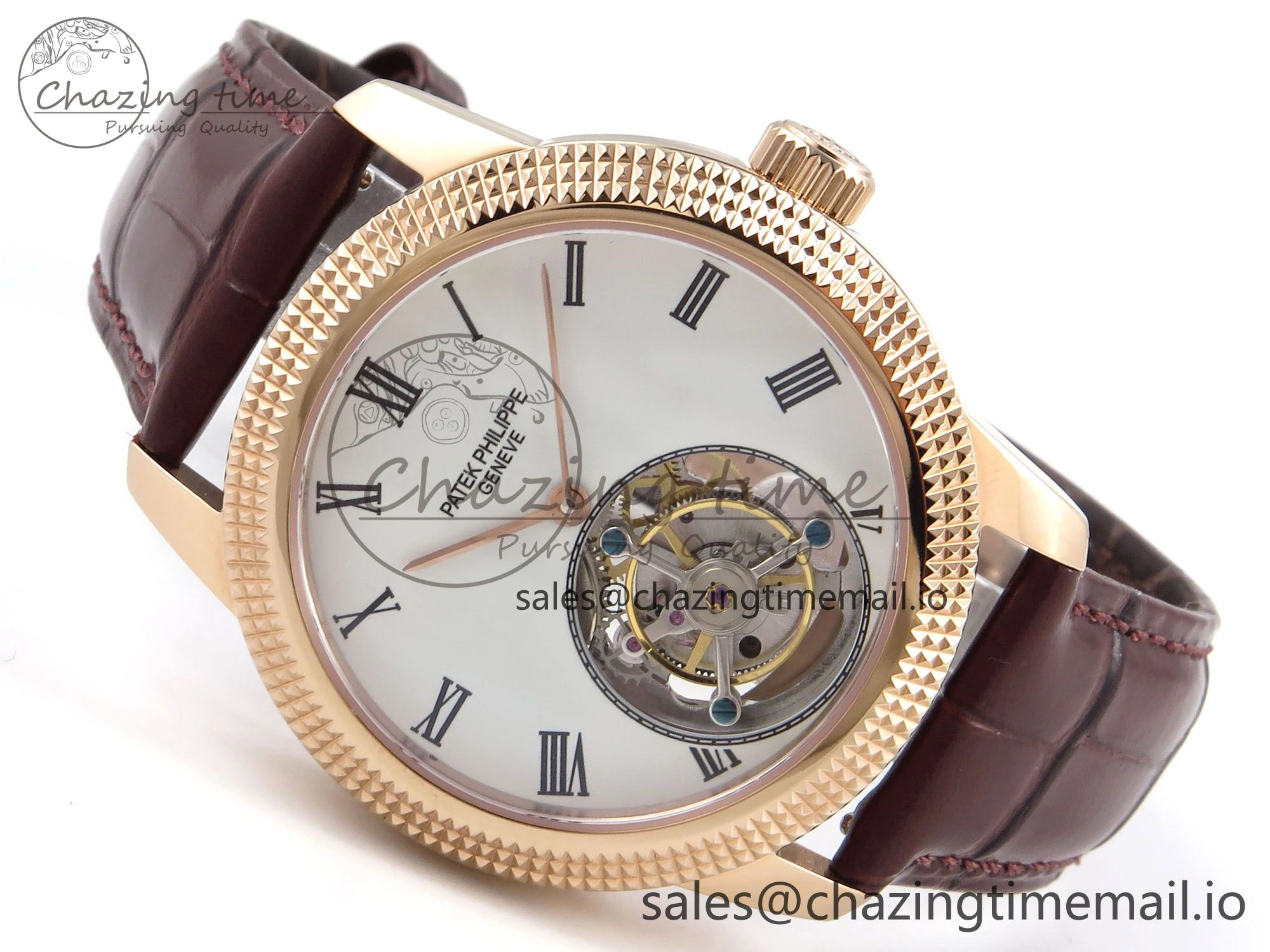 PP Tourbillon RG Texuted Bezel RMSF Edition White Dial on Brown Leather Strap
