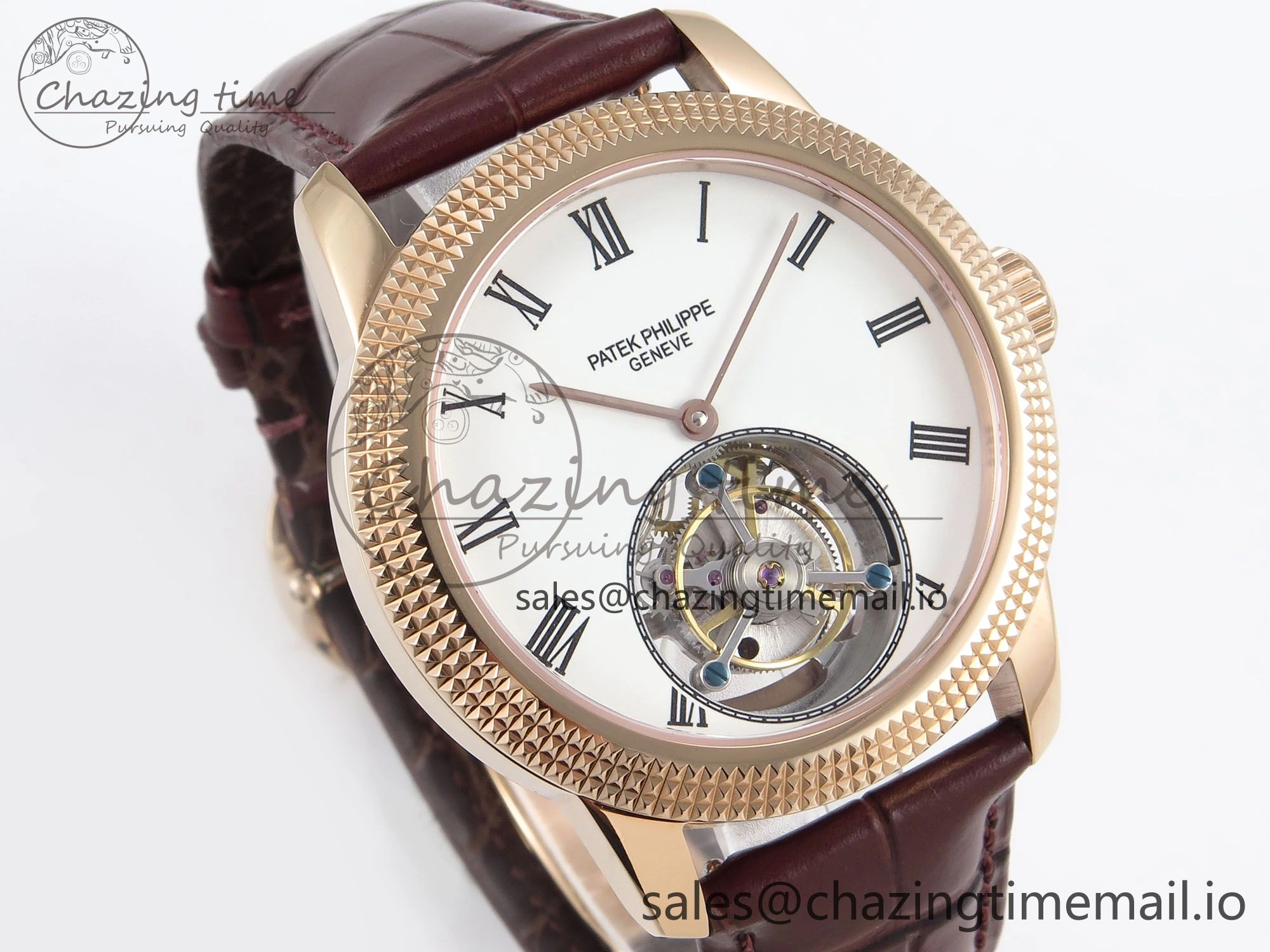PP Tourbillon RG Texuted Bezel RMSF Edition White Dial on Brown Leather Strap
