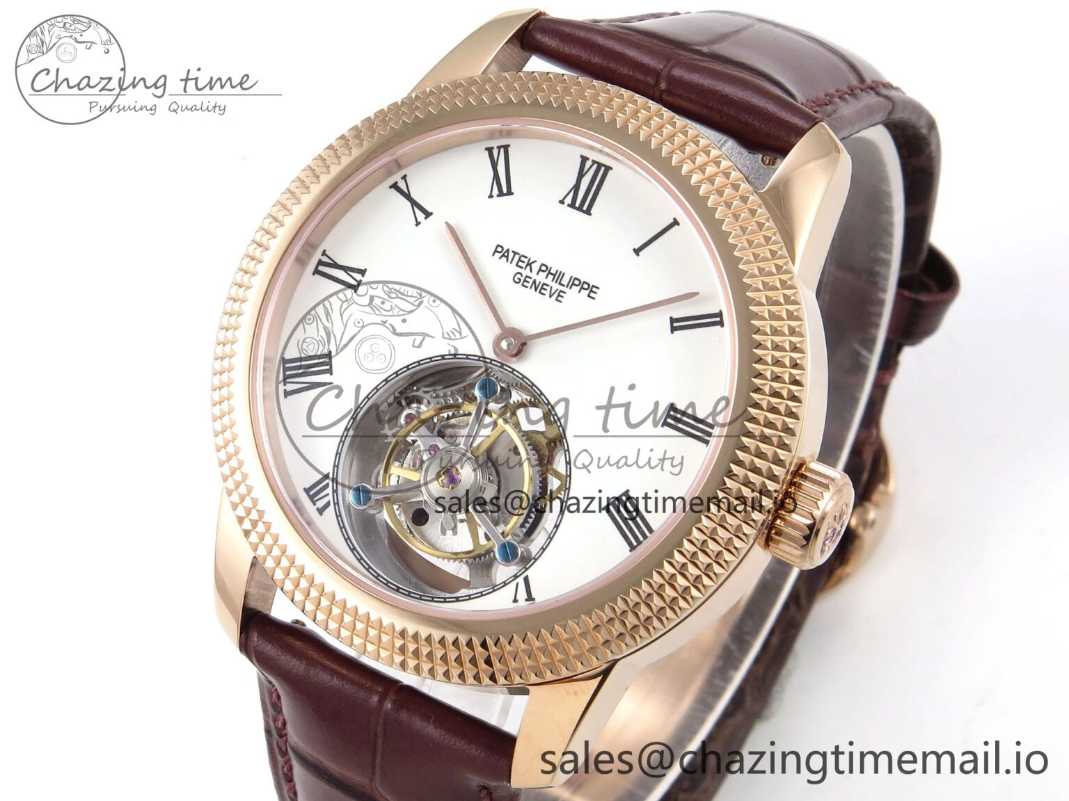 PP Tourbillon RG Texuted Bezel RMSF Edition White Dial on Brown Leather Strap