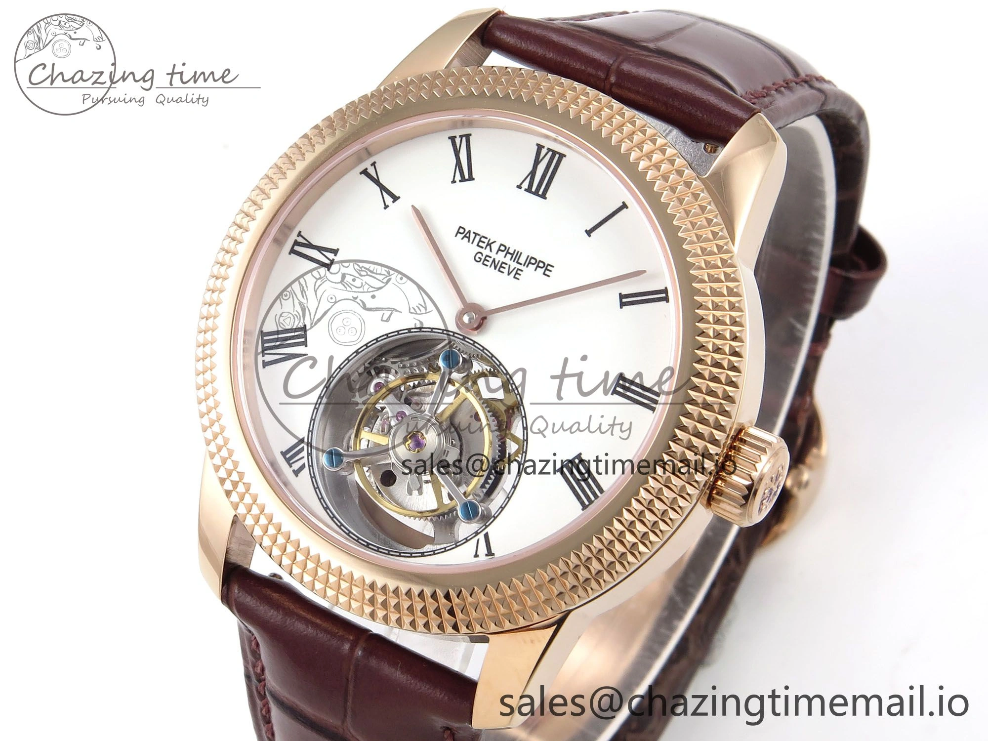 PP Tourbillon RG Texuted Bezel RMSF Edition White Dial on Brown Leather Strap