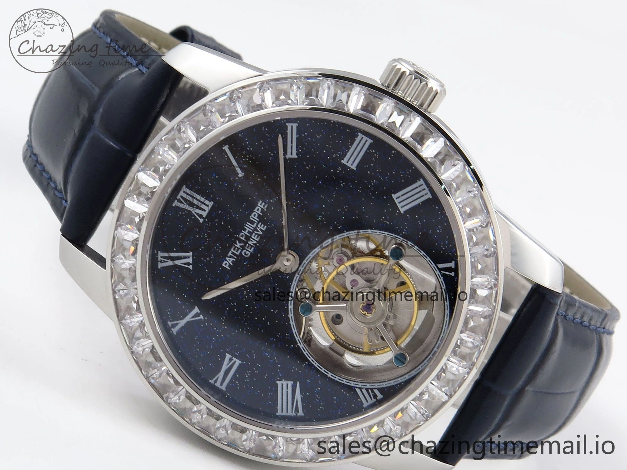 PP Tourbillon SS Diamonds Bezel RMSF Edition Black Starry Dial on Blue Leather Strap