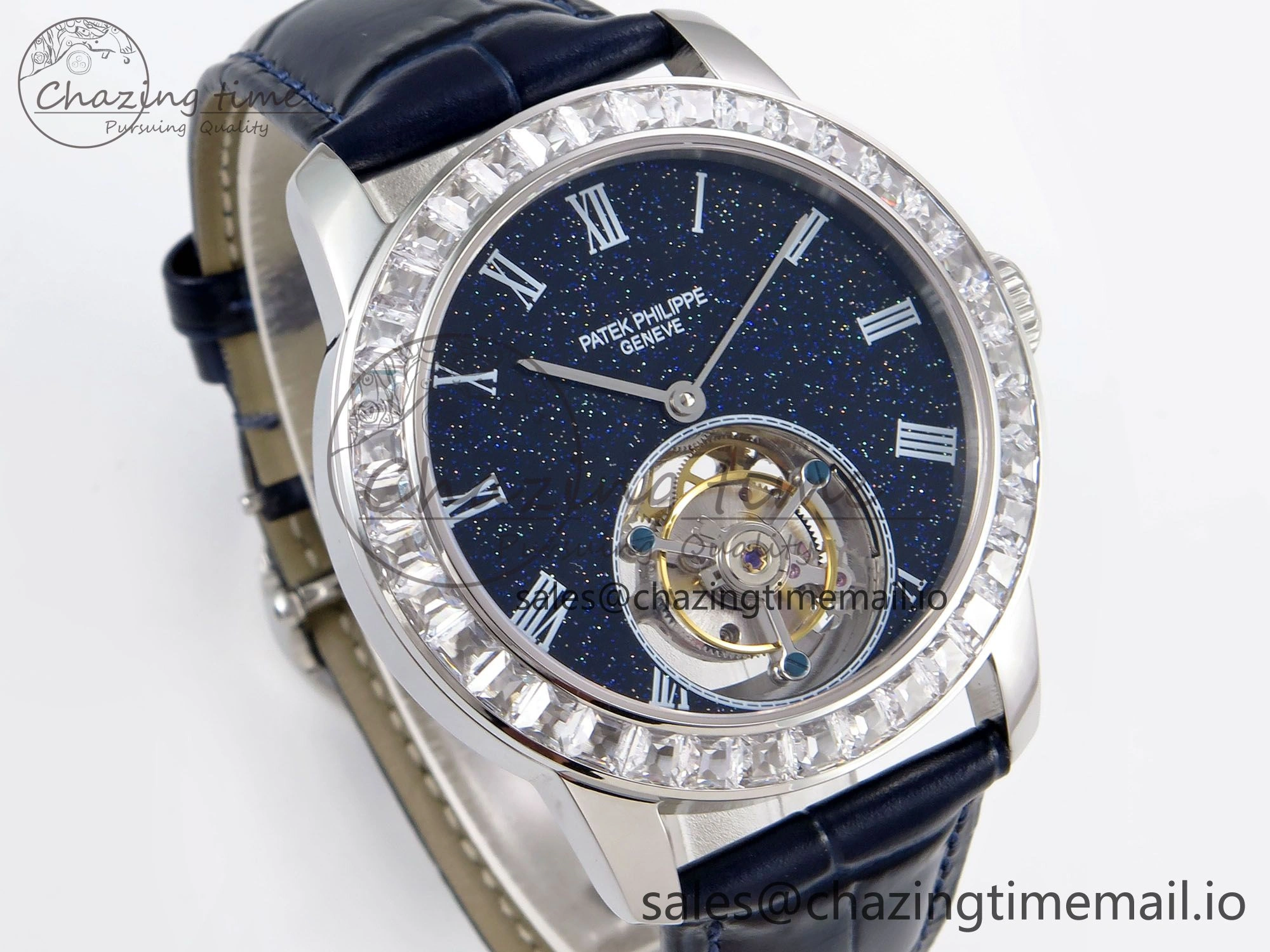 PP Tourbillon SS Diamonds Bezel RMSF Edition Black Starry Dial on Blue Leather Strap