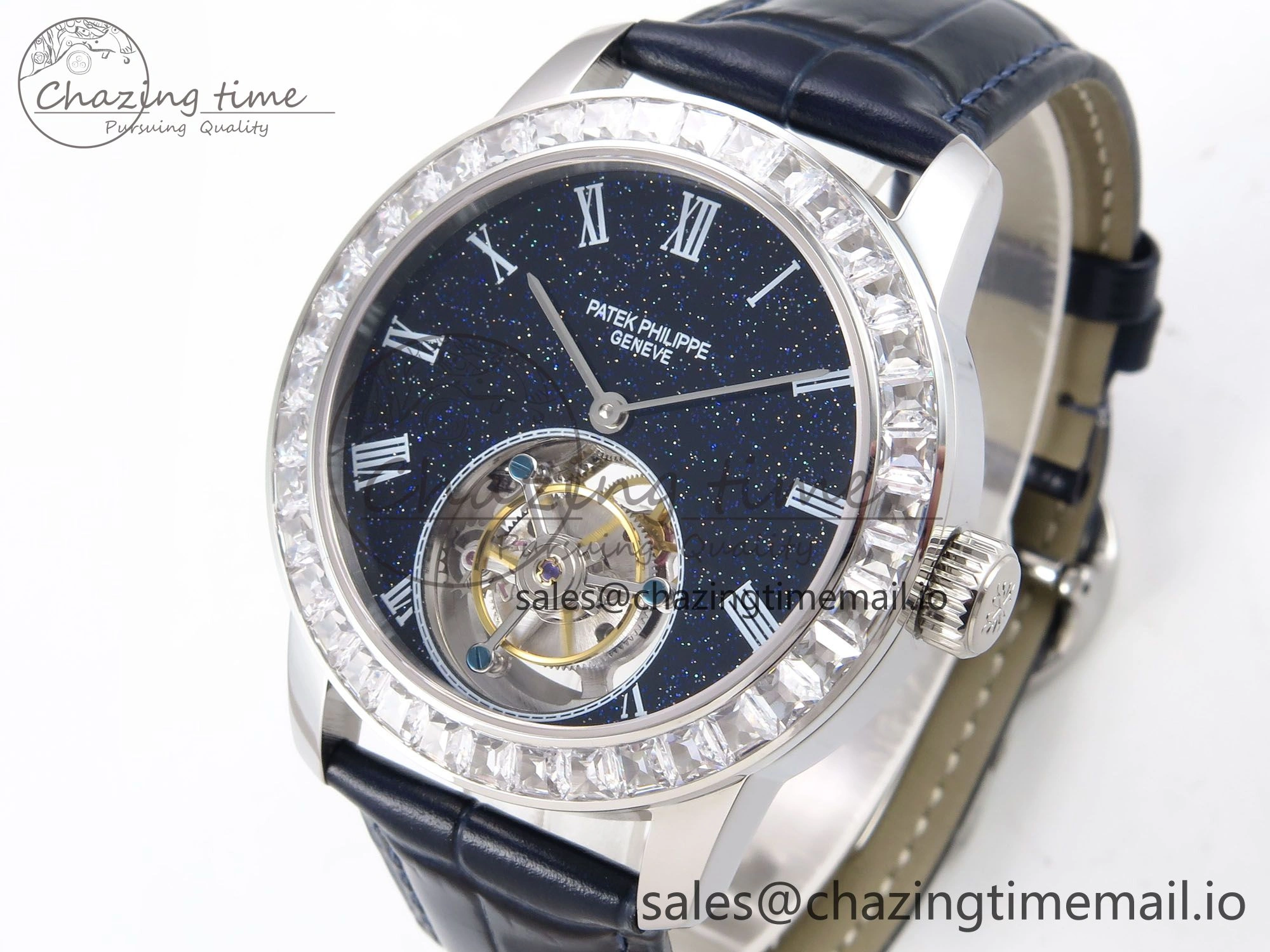 PP Tourbillon SS Diamonds Bezel RMSF Edition Black Starry Dial on Blue Leather Strap