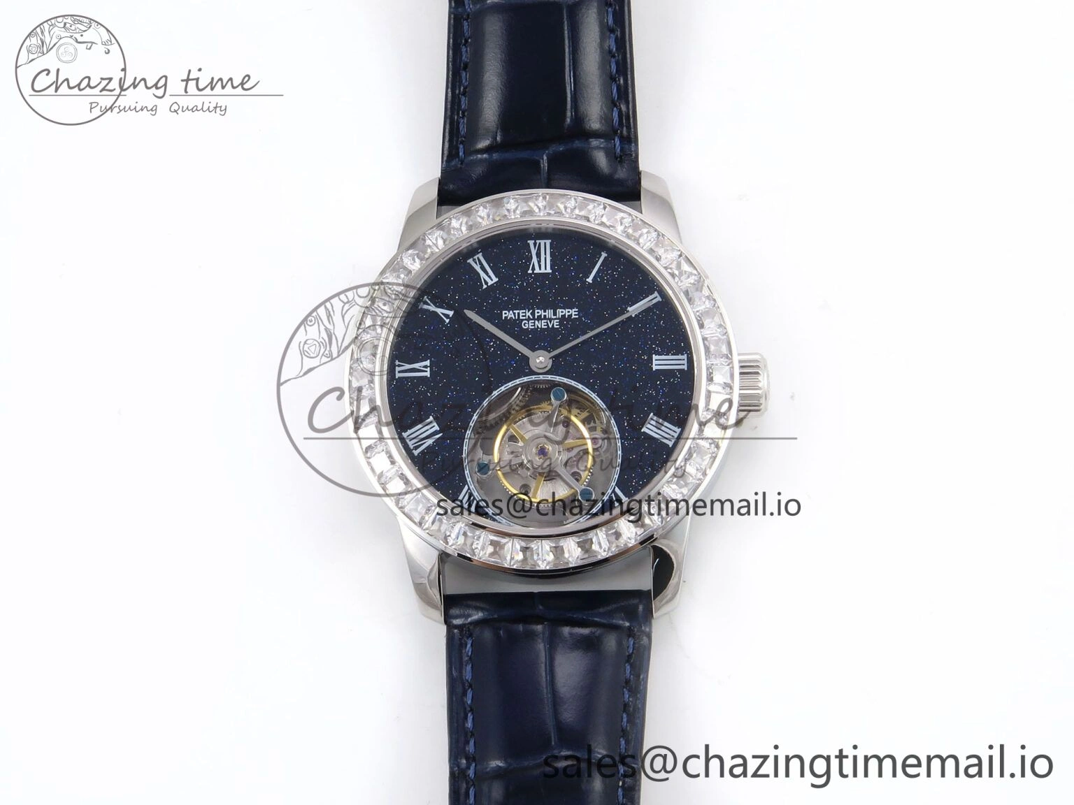 PP Tourbillon SS Diamonds Bezel RMSF Edition Black Starry Dial on Blue Leather Strap