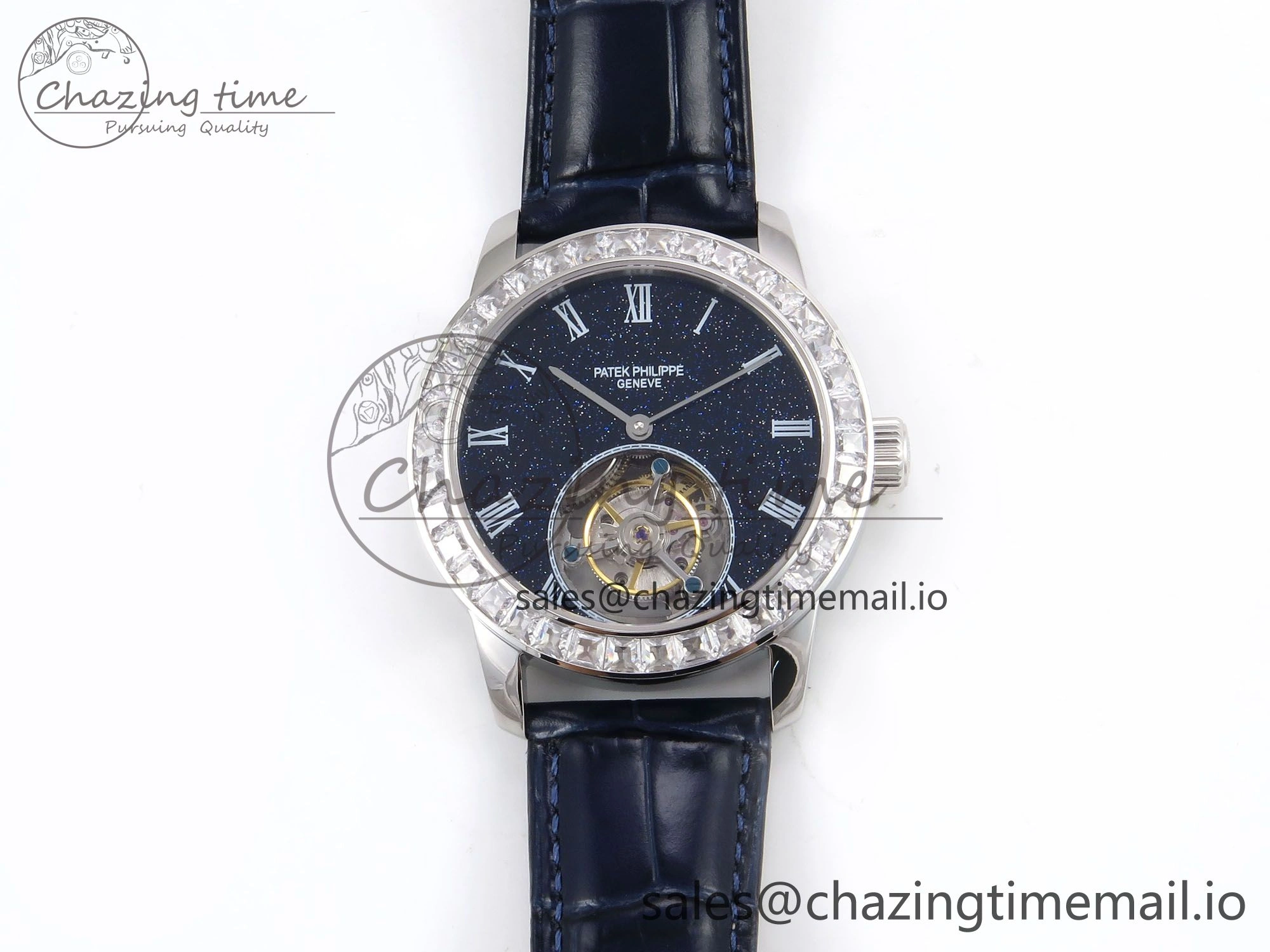 PP Tourbillon SS Diamonds Bezel RMSF Edition Black Starry Dial on Blue Leather Strap