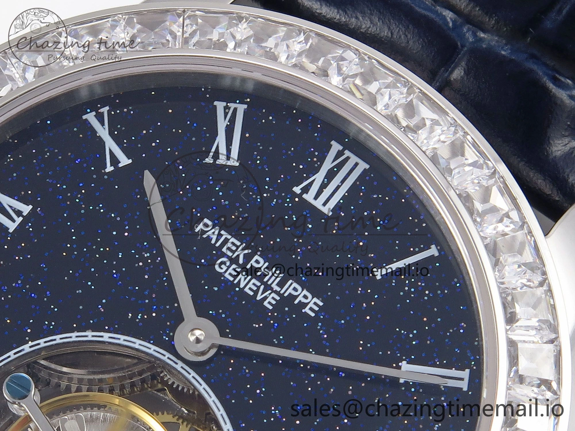 PP Tourbillon SS Diamonds Bezel RMSF Edition Black Starry Dial on Blue Leather Strap