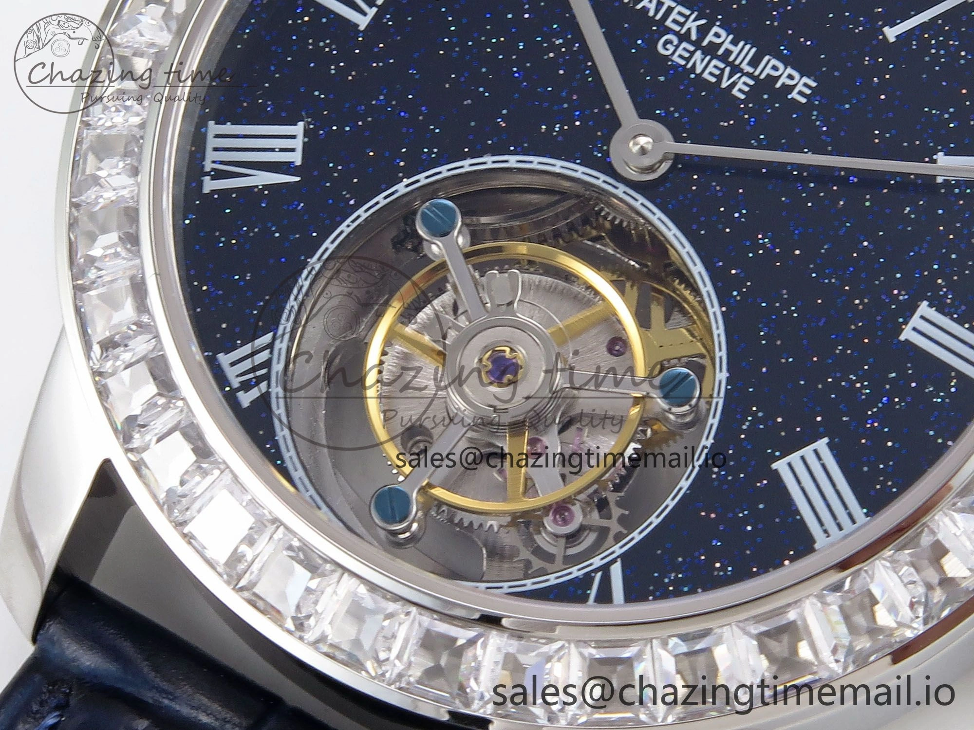 PP Tourbillon SS Diamonds Bezel RMSF Edition Black Starry Dial on Blue Leather Strap