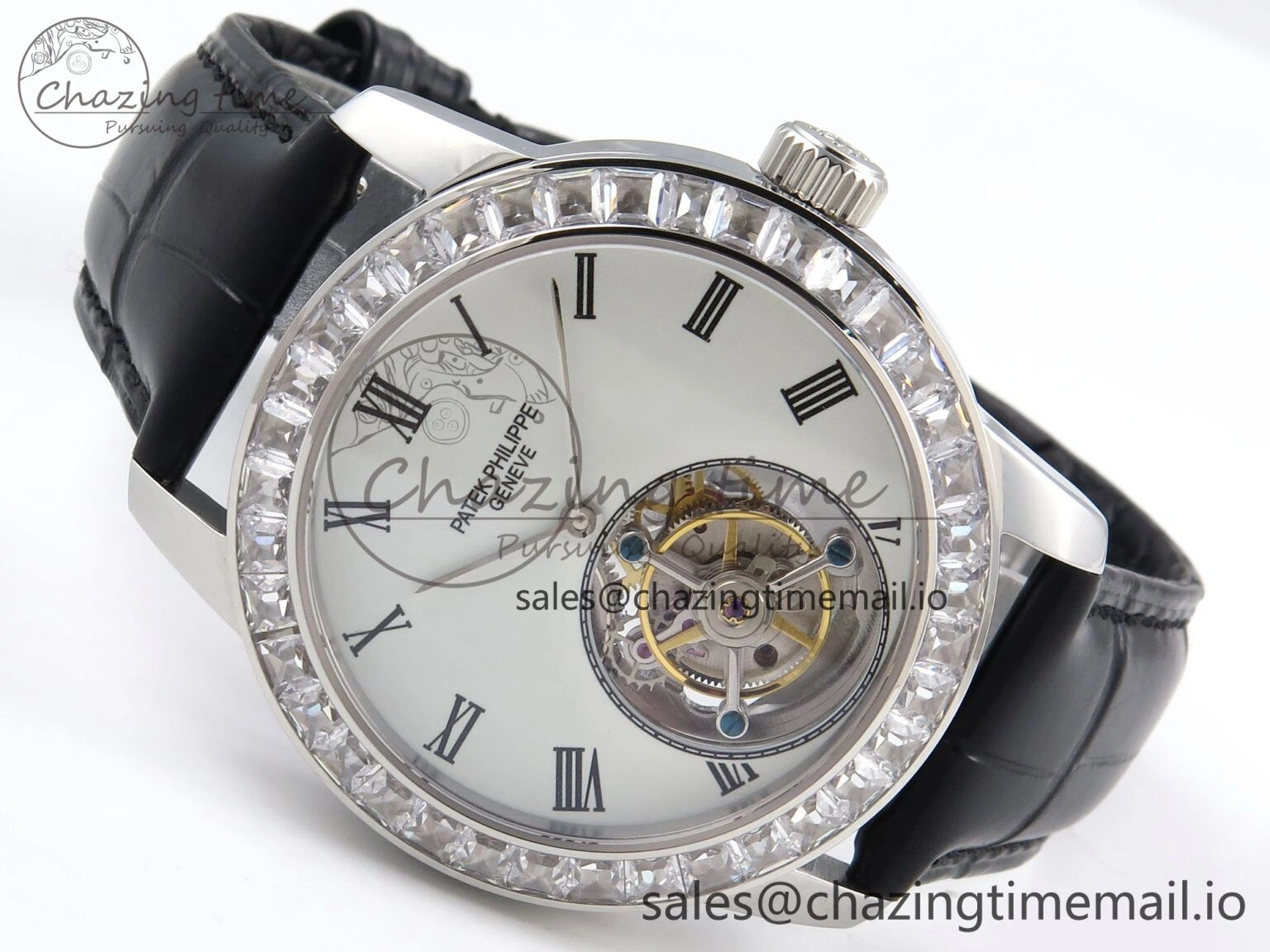 PP Tourbillon SS Diamonds Bezel RMSF Edition White Dial on Black Leather Strap
