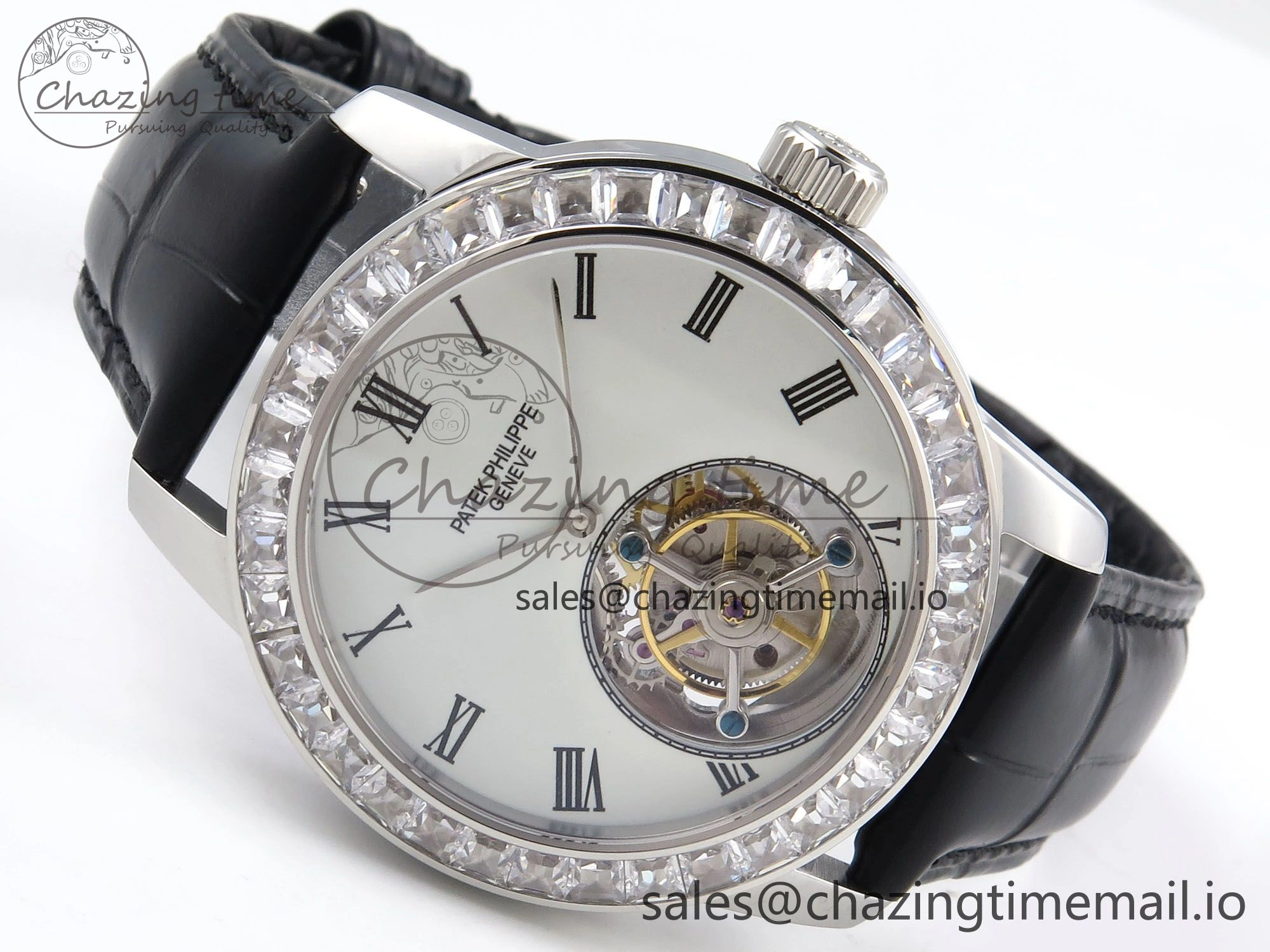 PP Tourbillon SS Diamonds Bezel RMSF Edition White Dial on Black Leather Strap