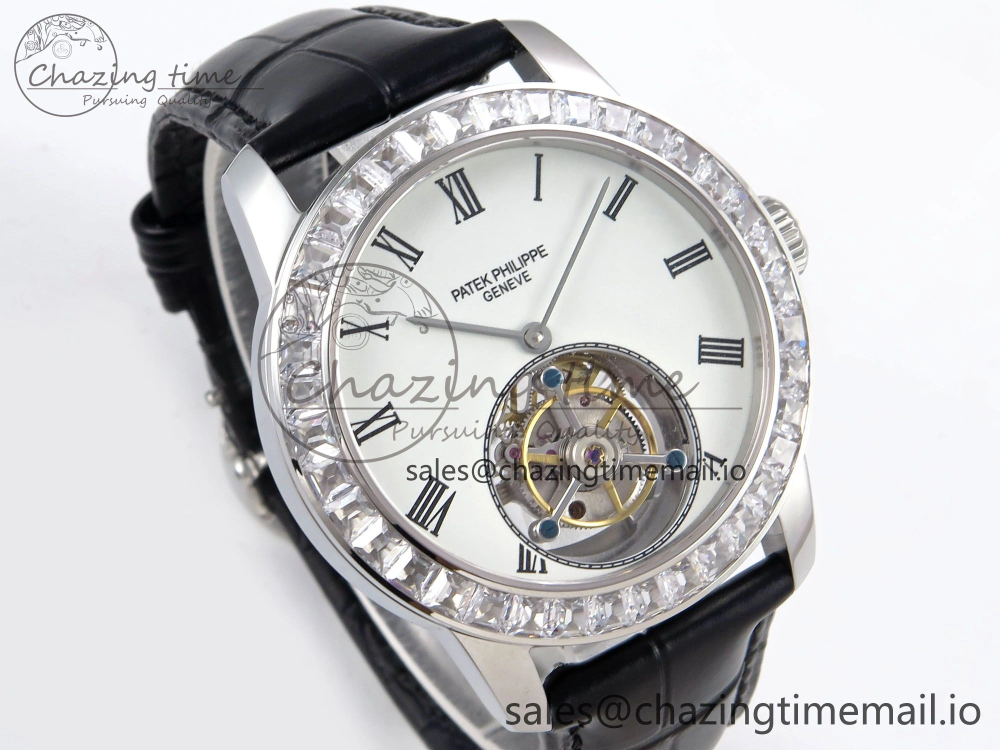 PP Tourbillon SS Diamonds Bezel RMSF Edition White Dial on Black Leather Strap