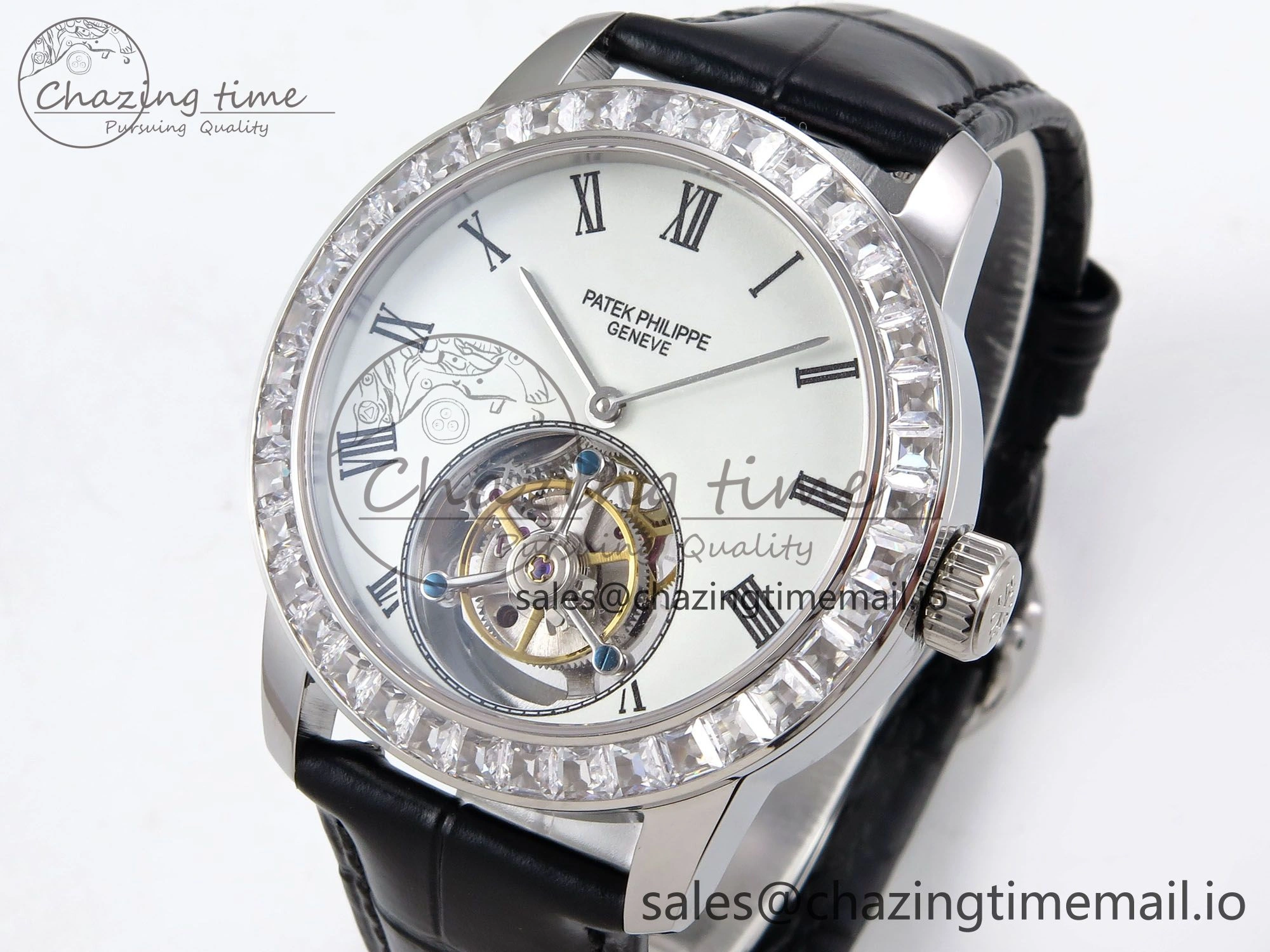 PP Tourbillon SS Diamonds Bezel RMSF Edition White Dial on Black Leather Strap