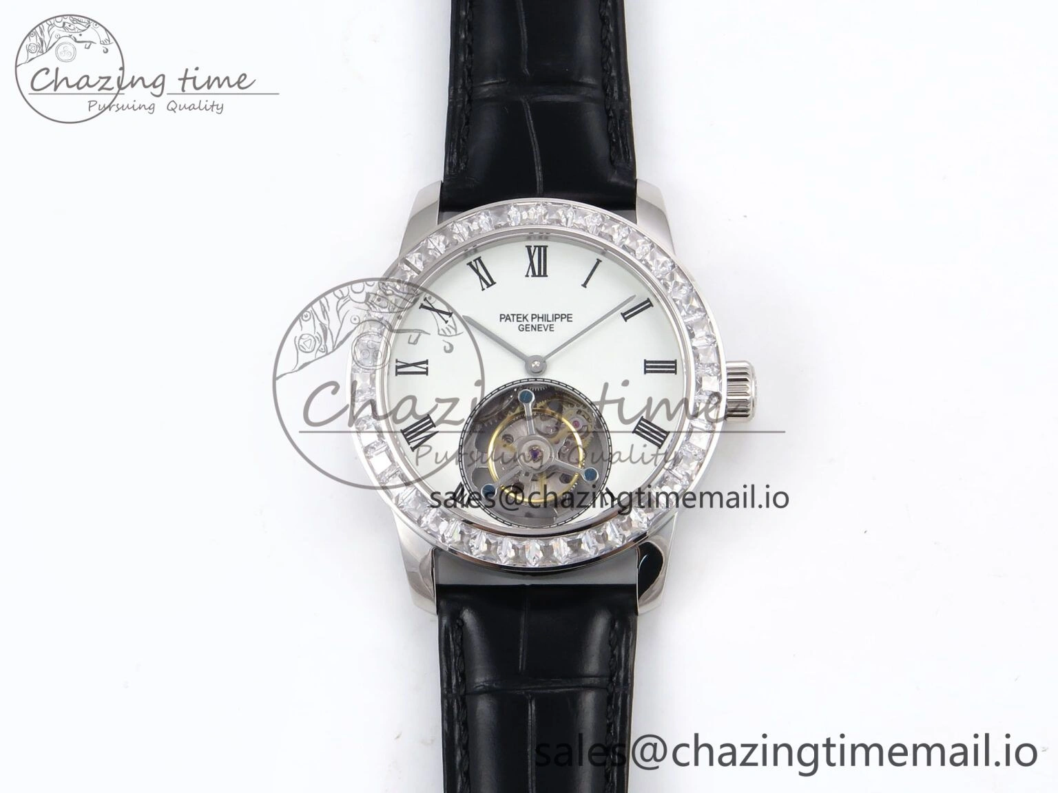 PP Tourbillon SS Diamonds Bezel RMSF Edition White Dial on Black Leather Strap