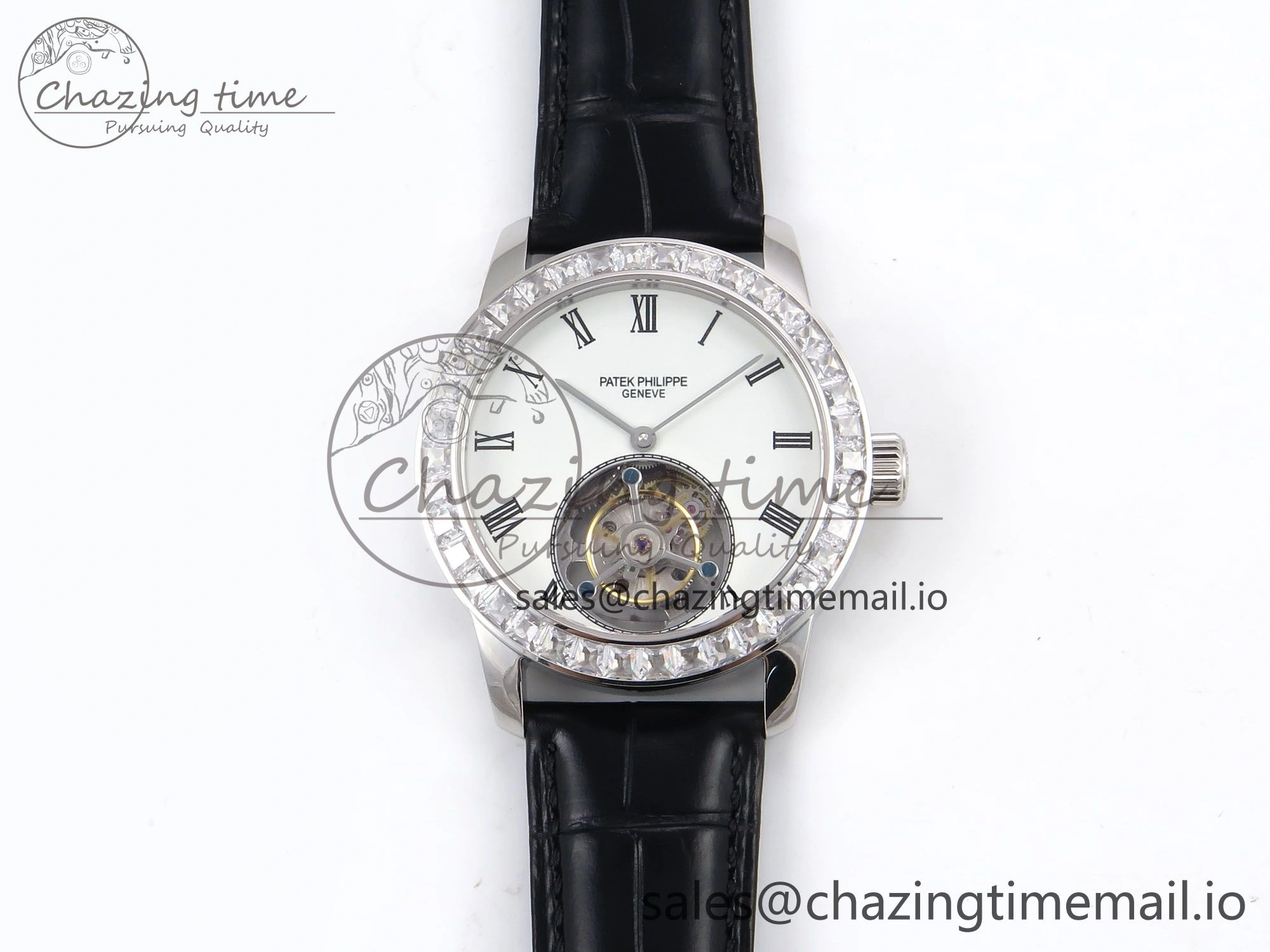 PP Tourbillon SS Diamonds Bezel RMSF Edition White Dial on Black Leather Strap