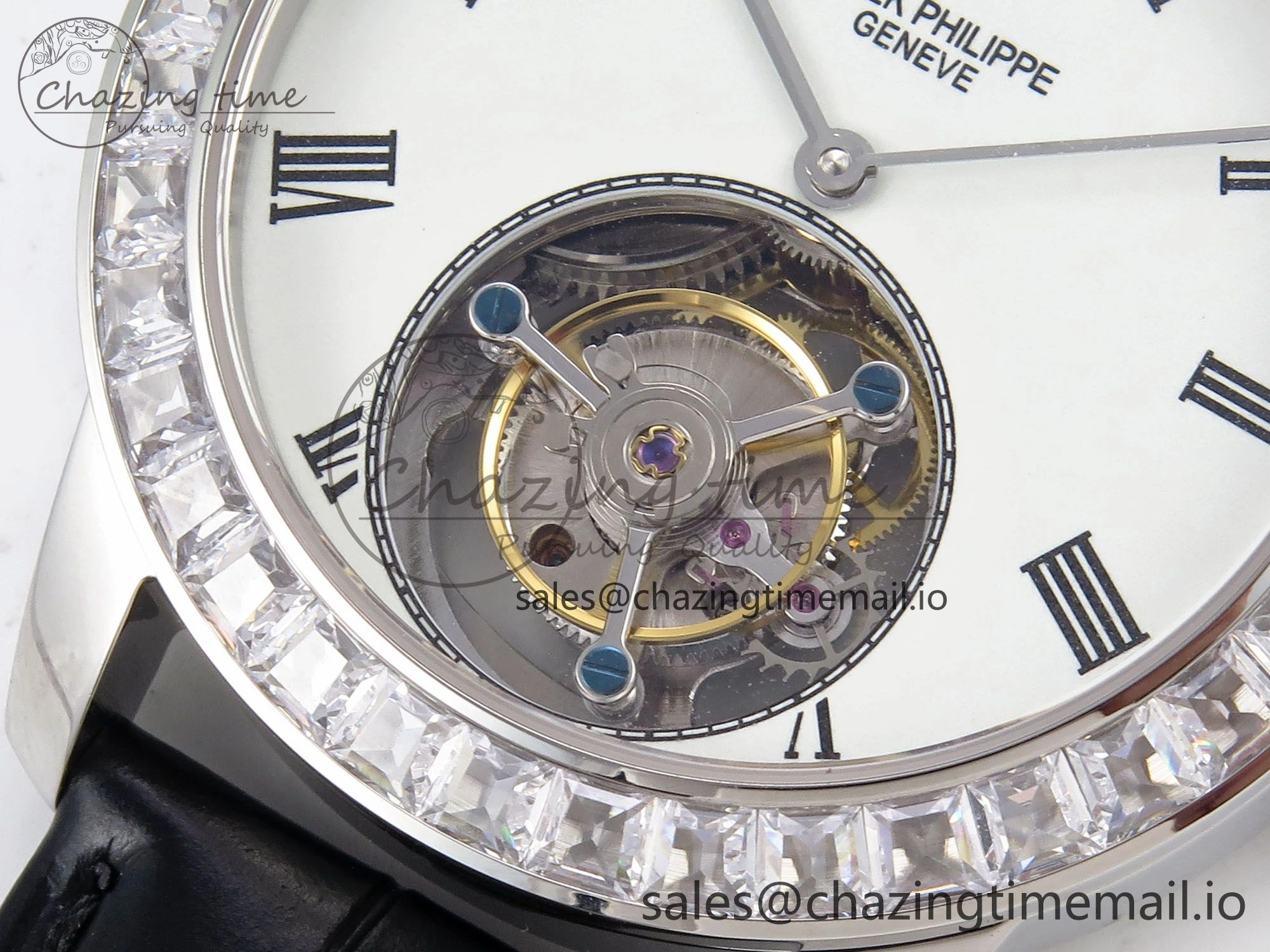 PP Tourbillon SS Diamonds Bezel RMSF Edition White Dial on Black Leather Strap
