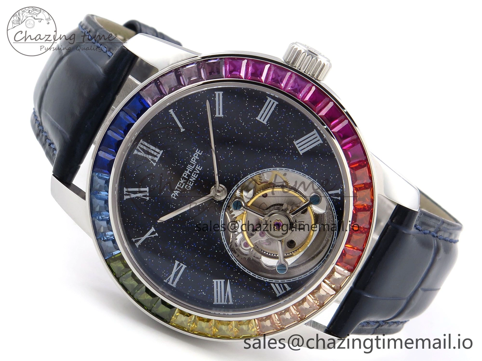 PP Tourbillon SS Rainbow Bezel RMSF Edition Black Starry Dial on Blue Leather Strap