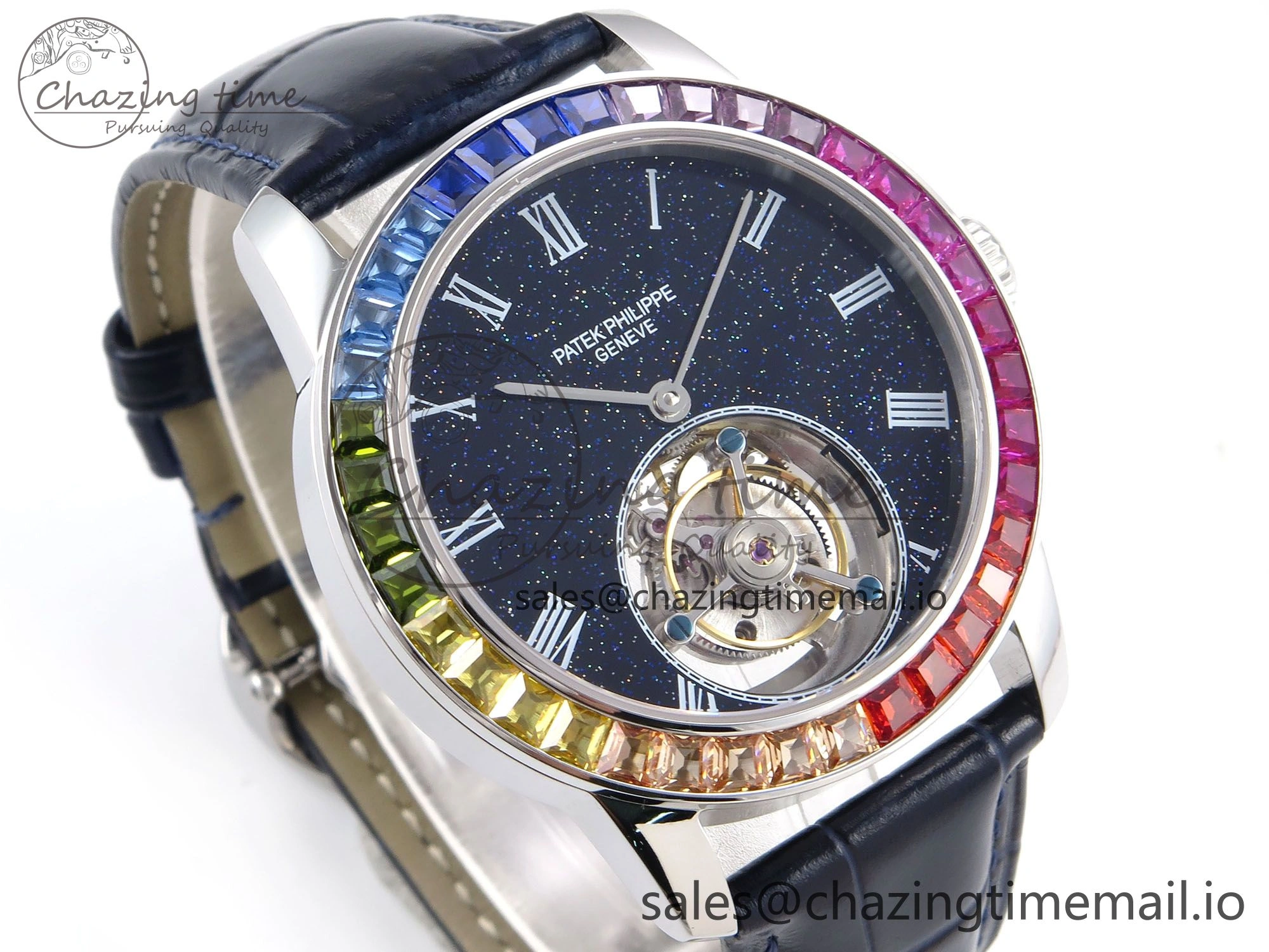 PP Tourbillon SS Rainbow Bezel RMSF Edition Black Starry Dial on Blue Leather Strap