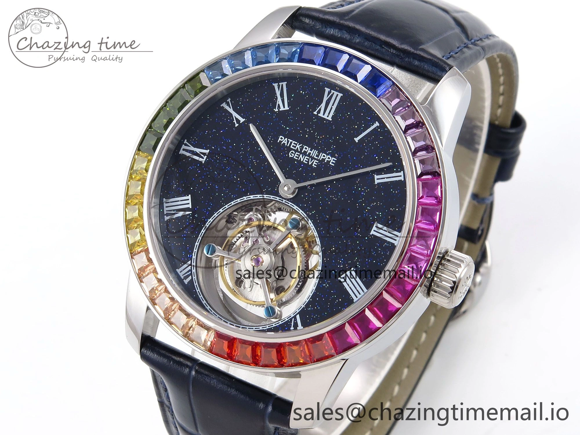 PP Tourbillon SS Rainbow Bezel RMSF Edition Black Starry Dial on Blue Leather Strap