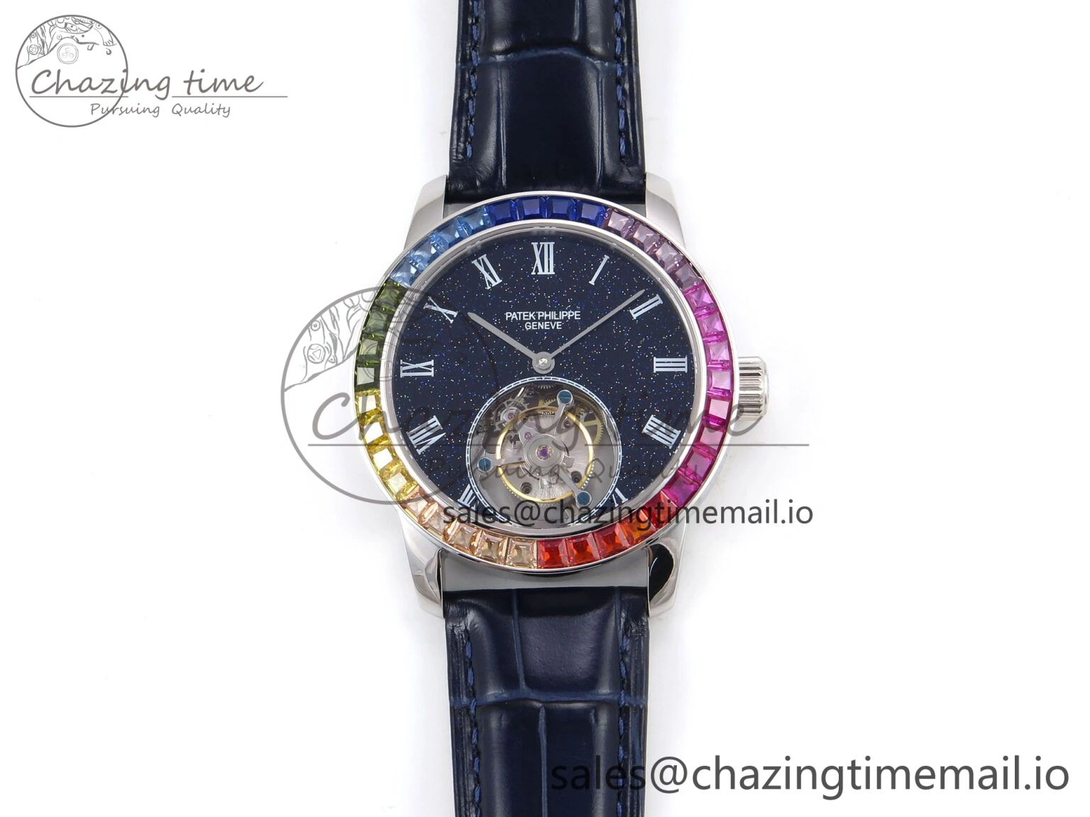 PP Tourbillon SS Rainbow Bezel RMSF Edition Black Starry Dial on Blue Leather Strap