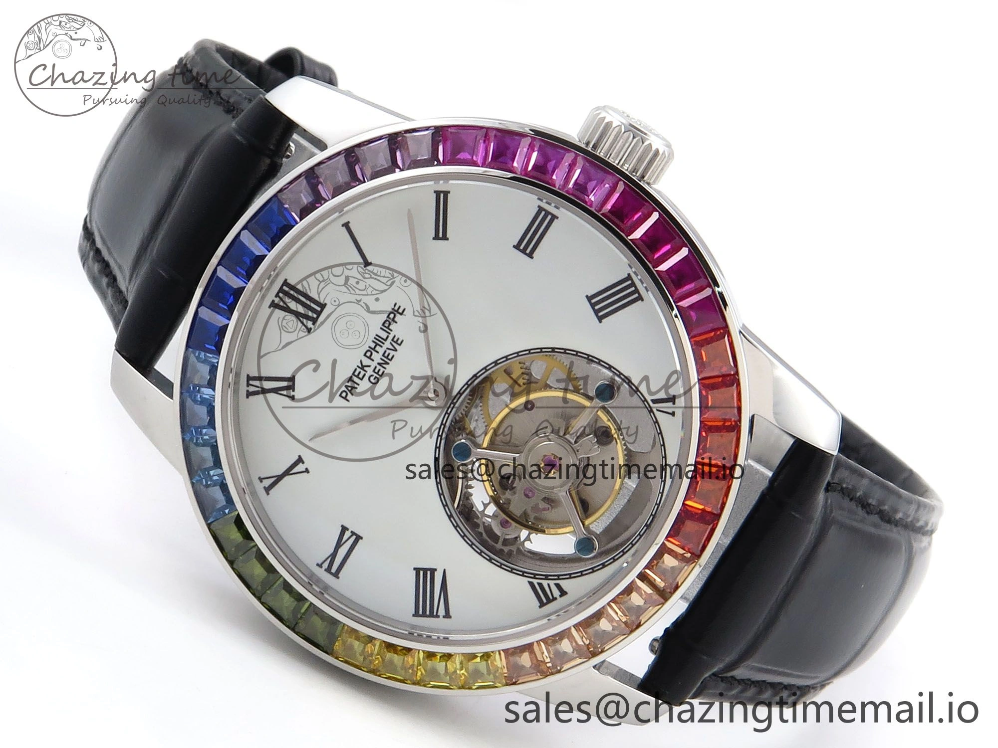 PP Tourbillon SS Rainbow Bezel RMSF Edition White Dial on Black Leather Strap