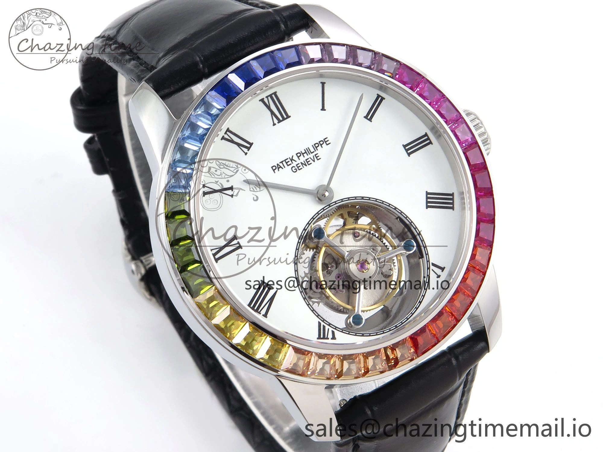 PP Tourbillon SS Rainbow Bezel RMSF Edition White Dial on Black Leather Strap