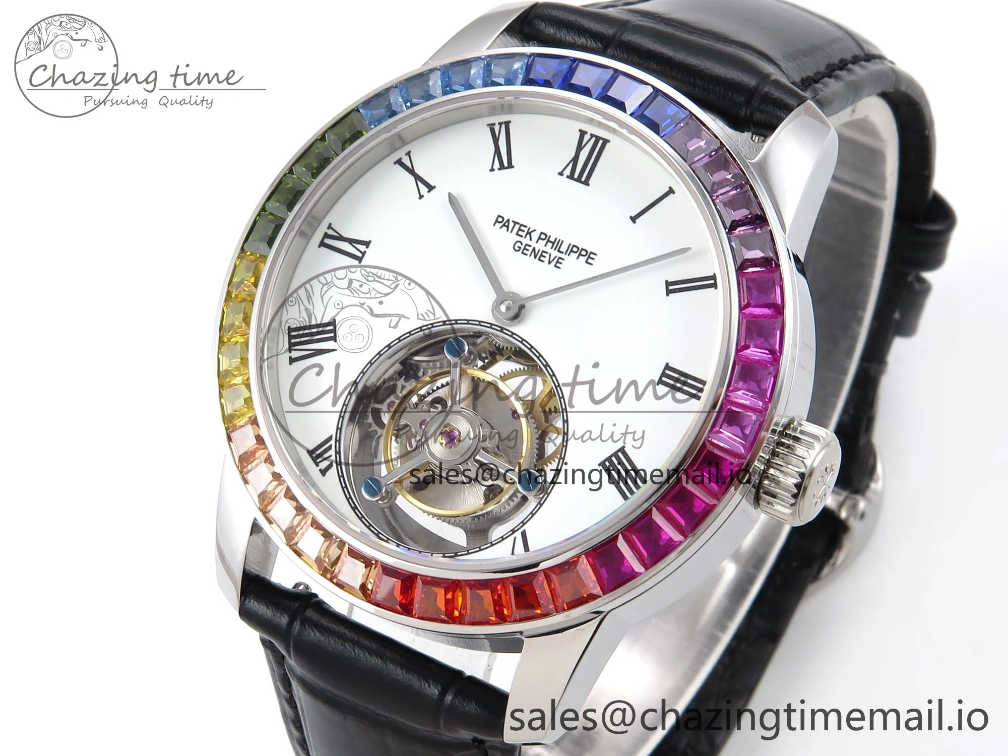 PP Tourbillon SS Rainbow Bezel RMSF Edition White Dial on Black Leather Strap